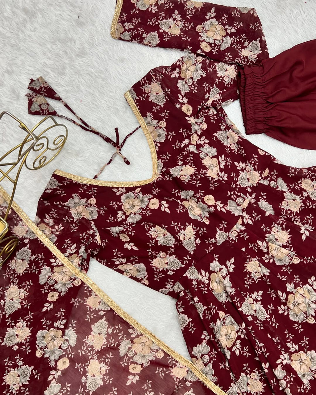 Saisha Brown Georgette Flared Anarkali Suit Set