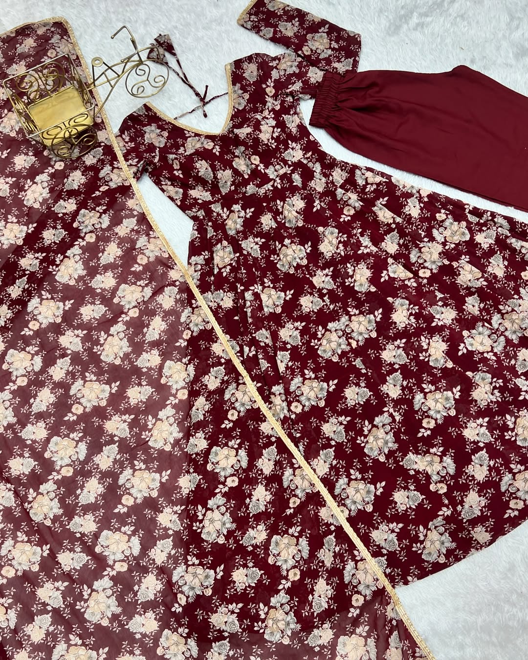 Saisha Brown Georgette Flared Anarkali Suit Set