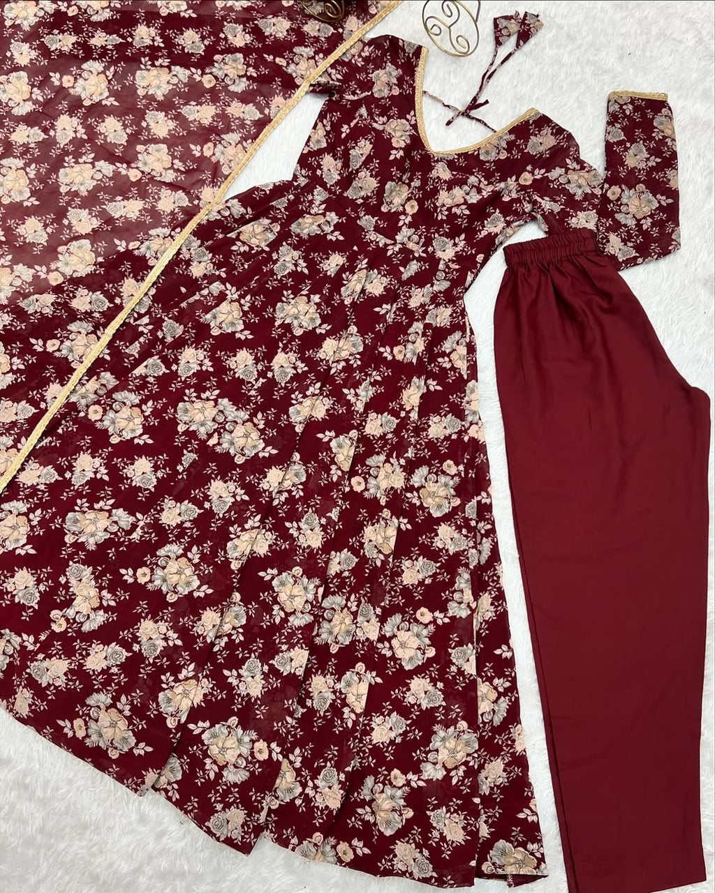 Saisha Brown Georgette Flared Anarkali Suit Set