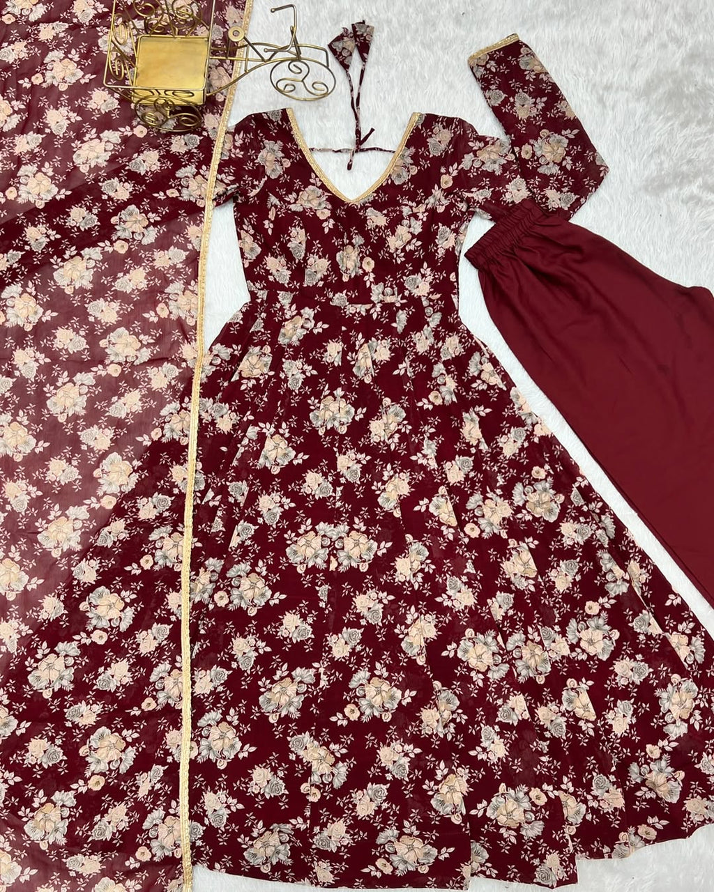 Saisha Brown Georgette Flared Anarkali Suit Set