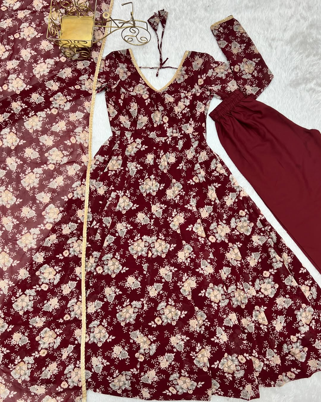 Saisha Brown Georgette Flared Anarkali Suit Set