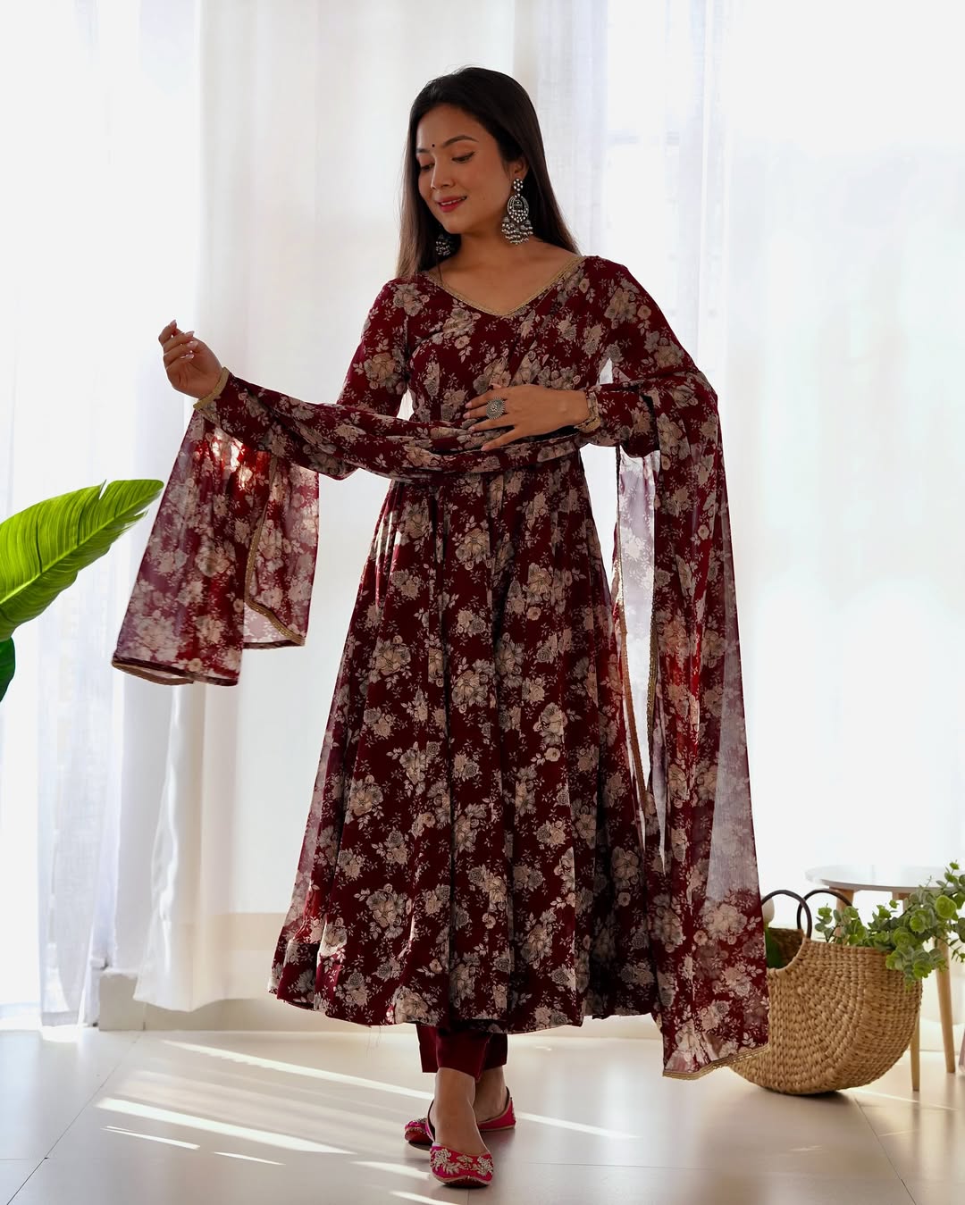 Saisha Brown Georgette Flared Anarkali Suit Set