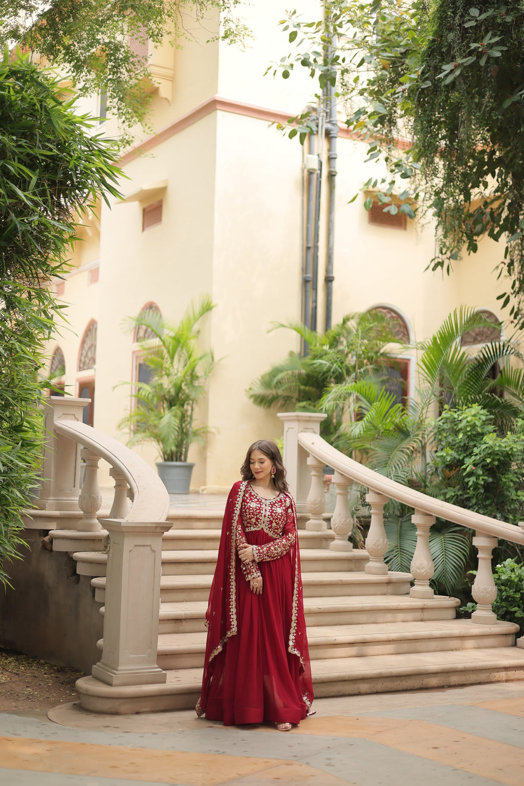 Samridhi maroon Alia cut embroidered Anarkali gown set