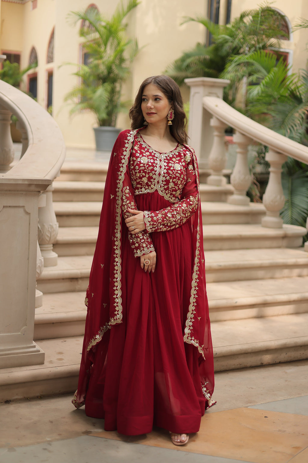 Samridhi maroon Alia cut embroidered Anarkali gown set