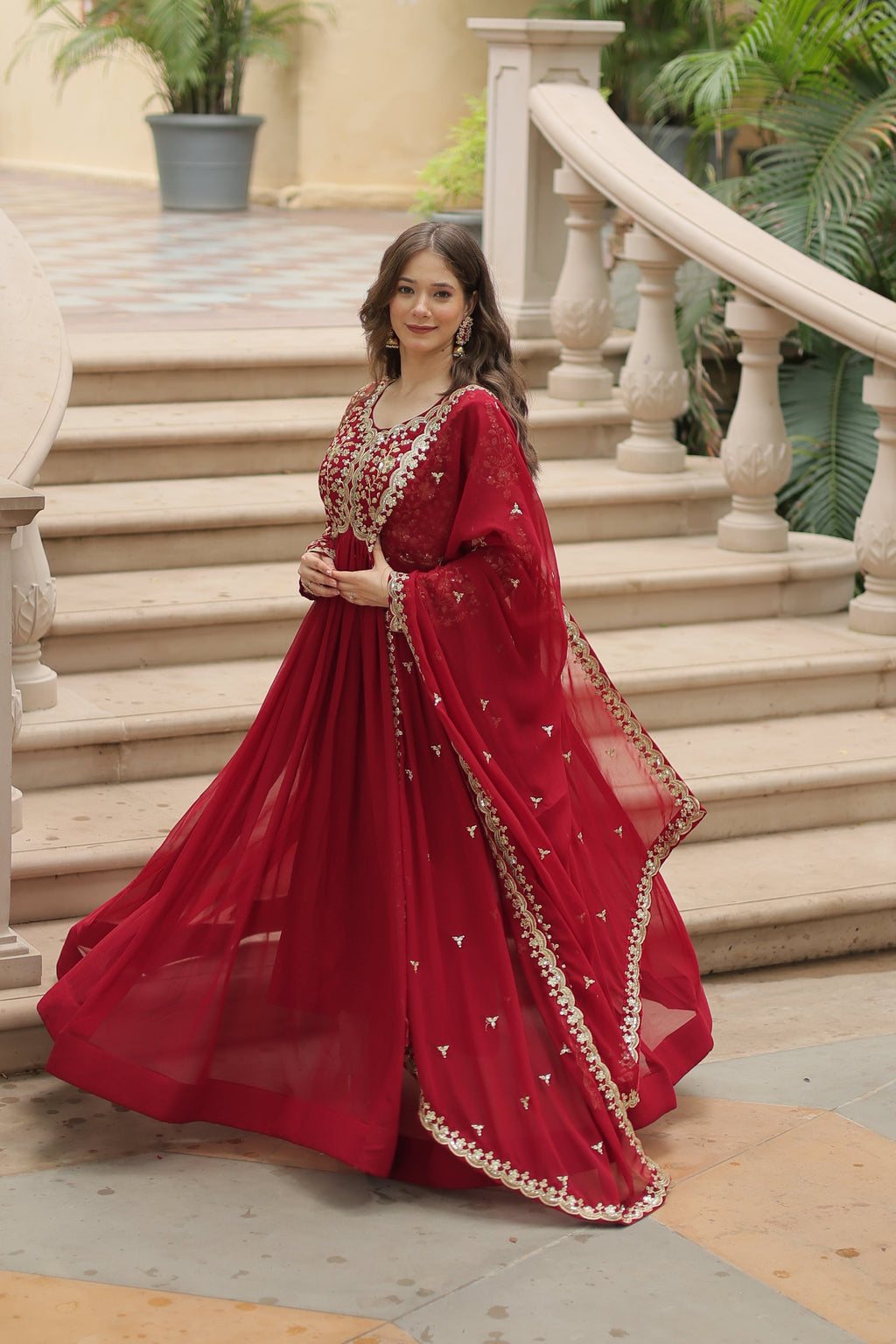 Samridhi maroon Alia cut embroidered Anarkali gown set