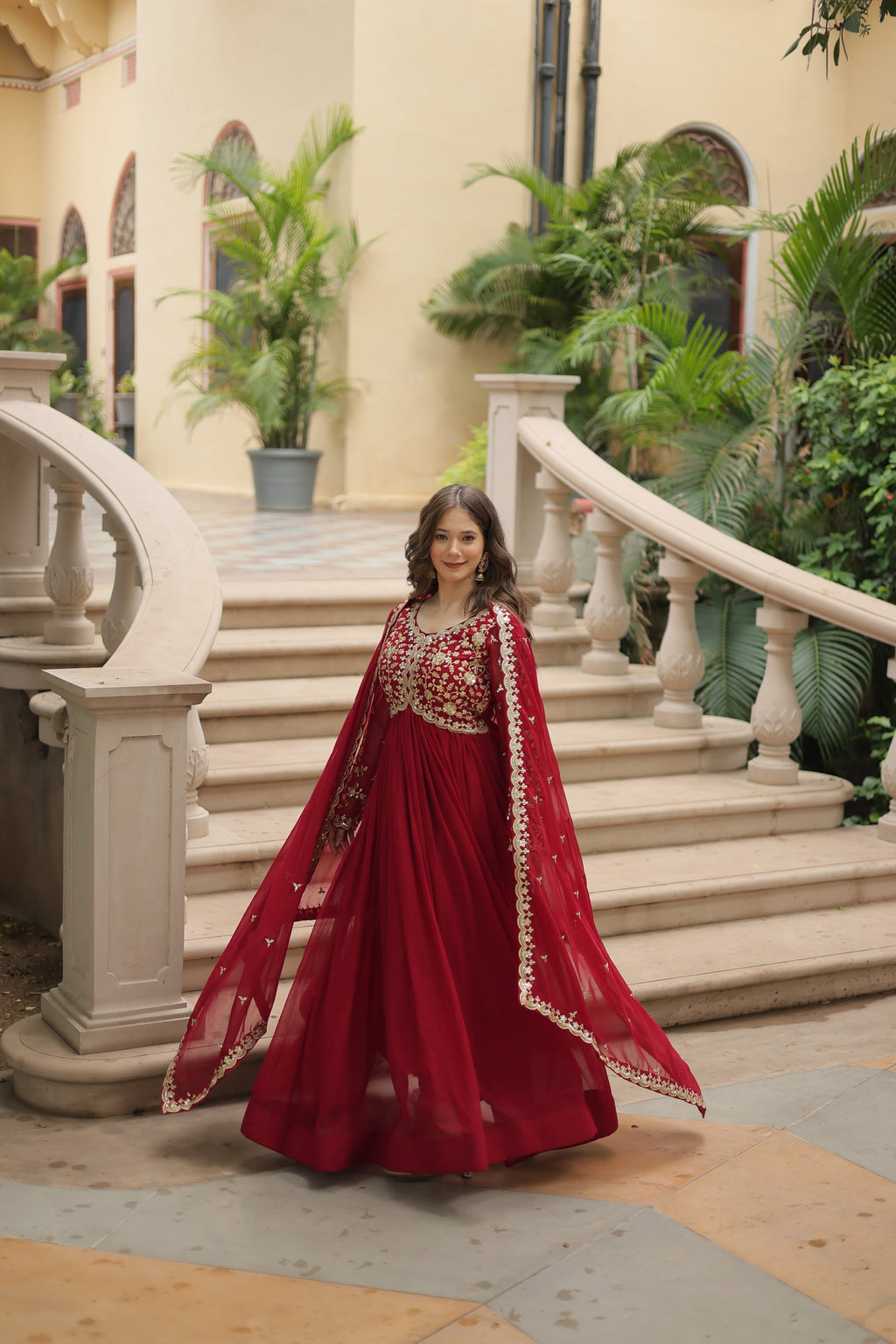 Samridhi maroon Alia cut embroidered Anarkali gown set
