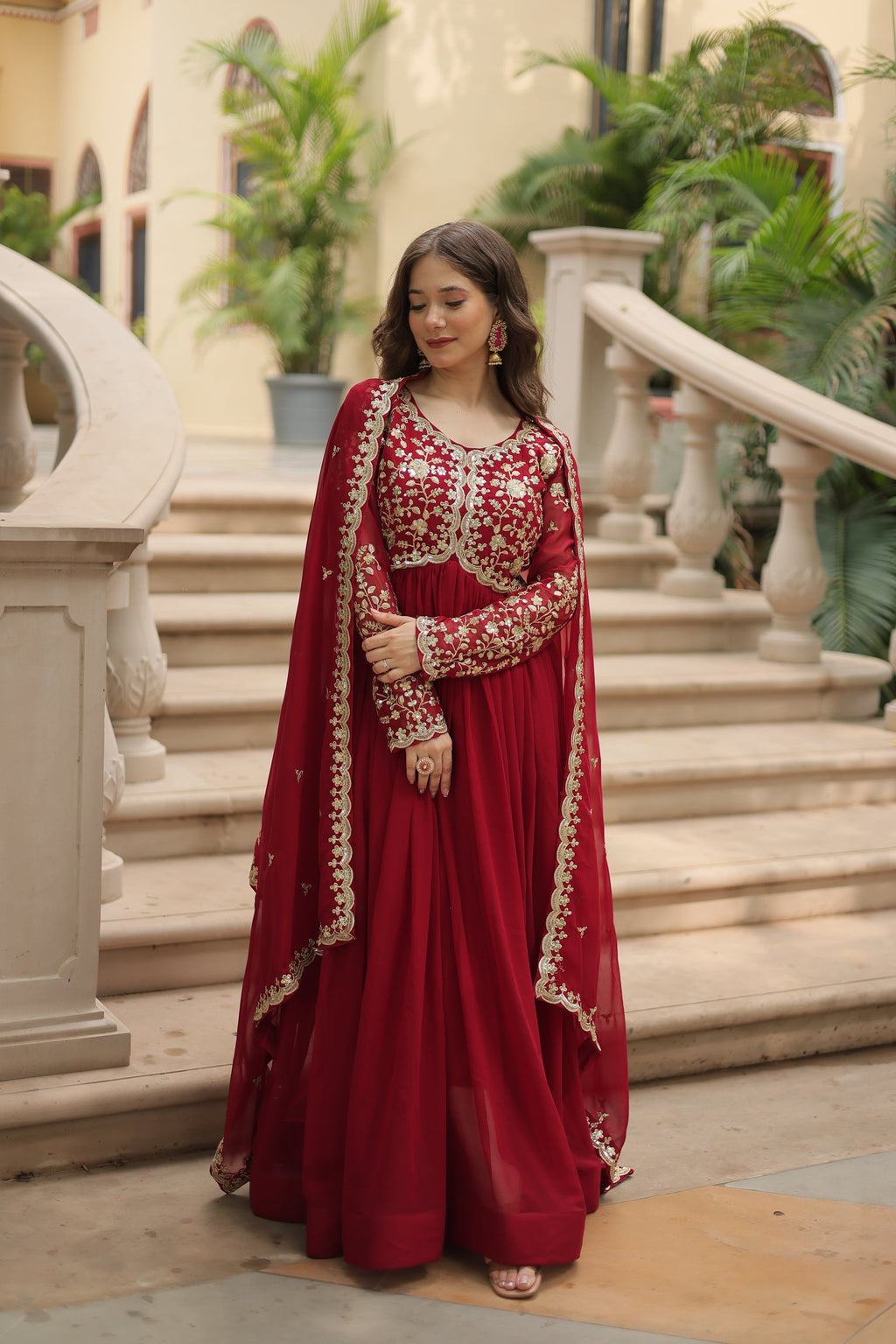 Samridhi maroon Alia cut embroidered Anarkali gown set