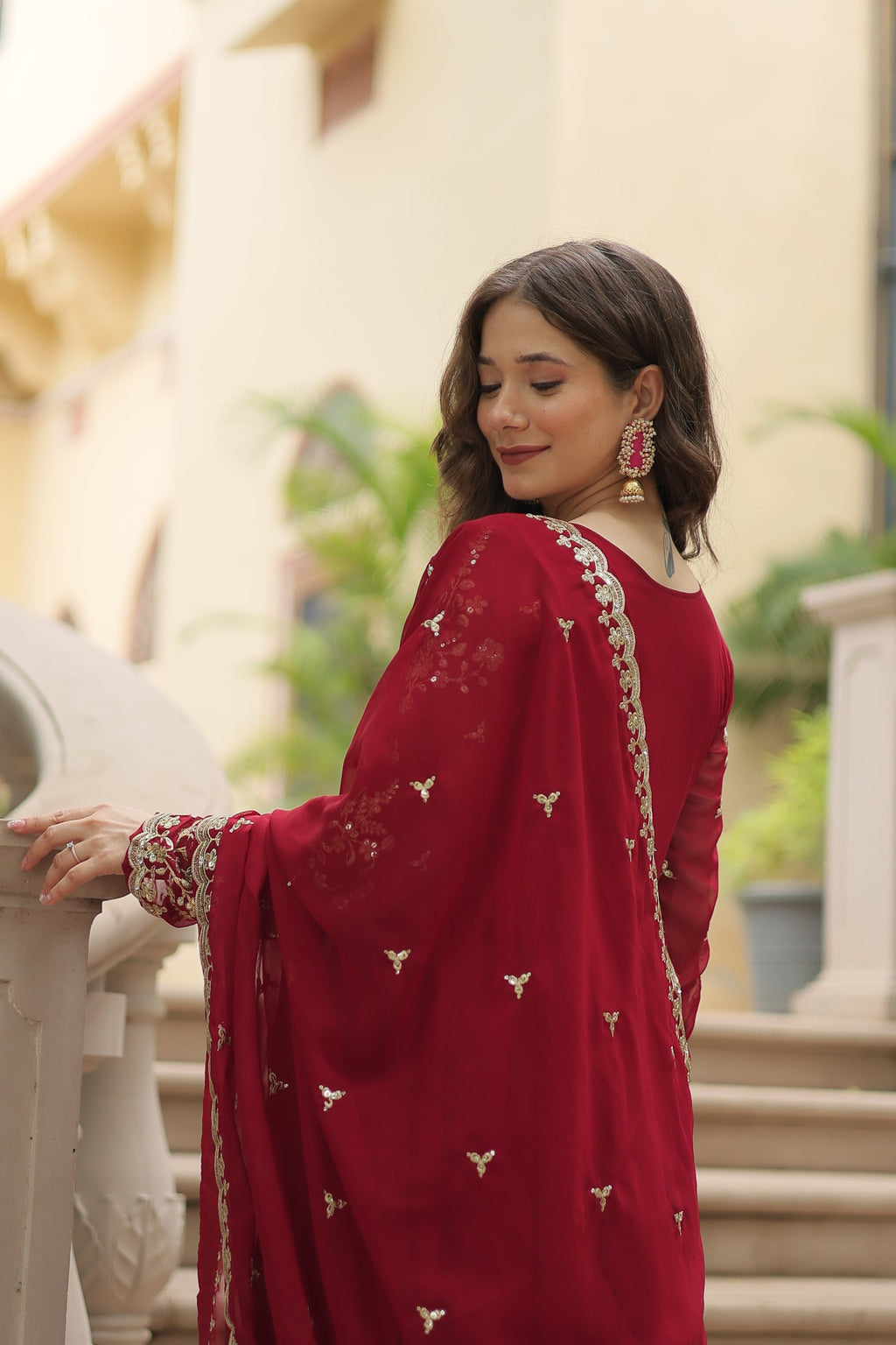 Samridhi maroon Alia cut embroidered Anarkali gown set