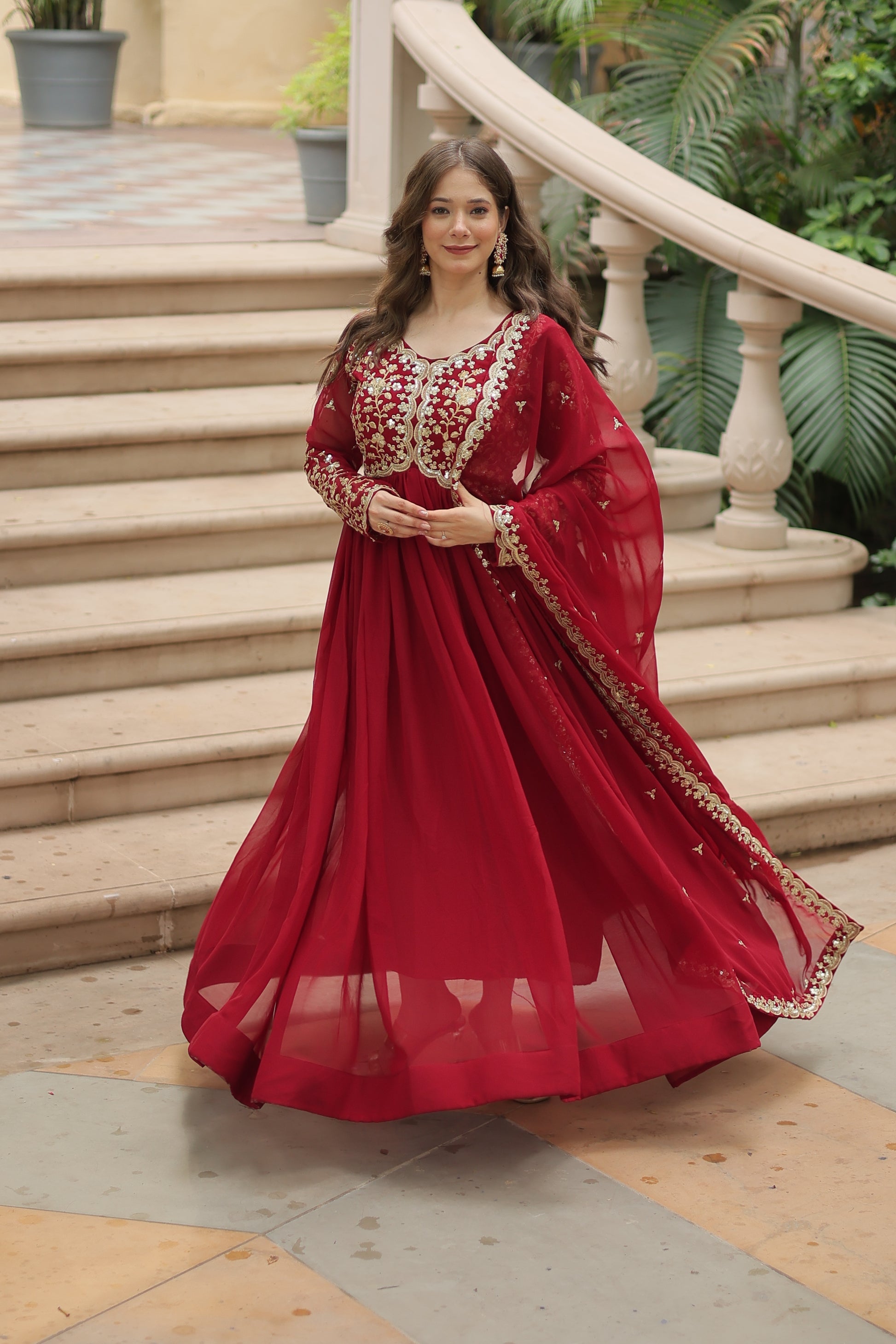 Samridhi maroon Alia cut embroidered Anarkali gown set