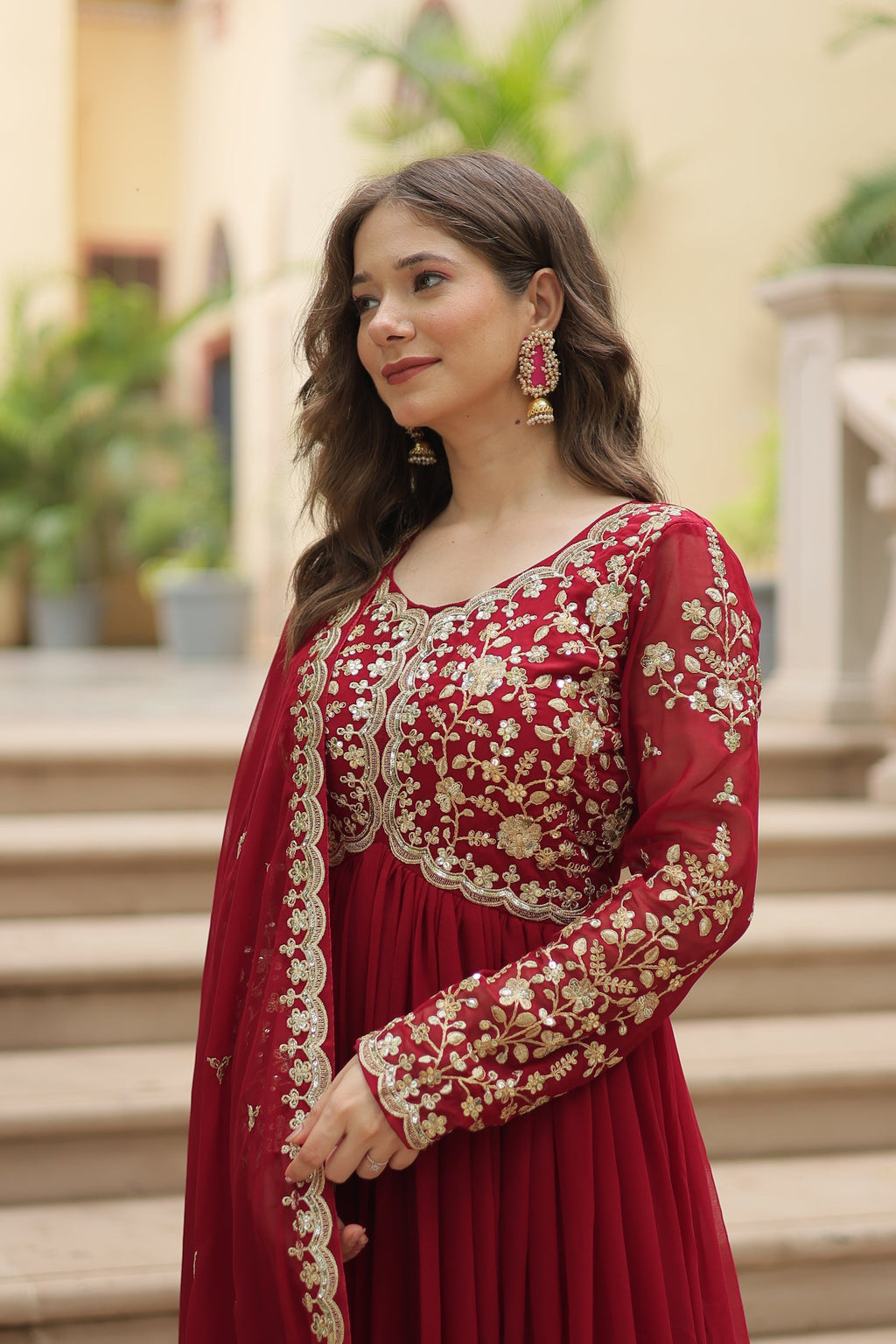 Samridhi maroon Alia cut embroidered Anarkali gown set