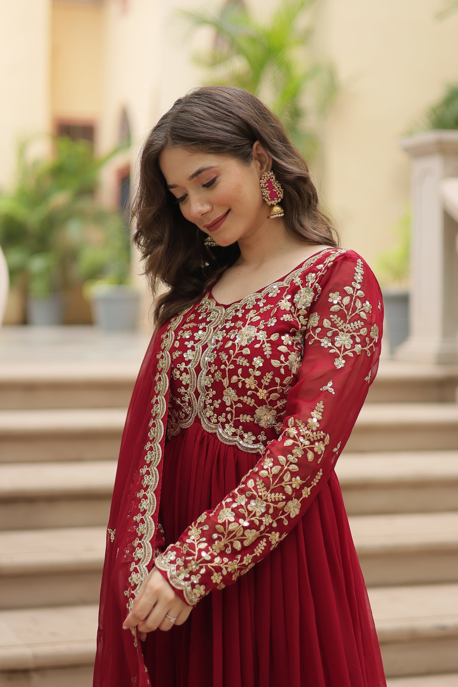 Samridhi maroon Alia cut embroidered Anarkali gown set