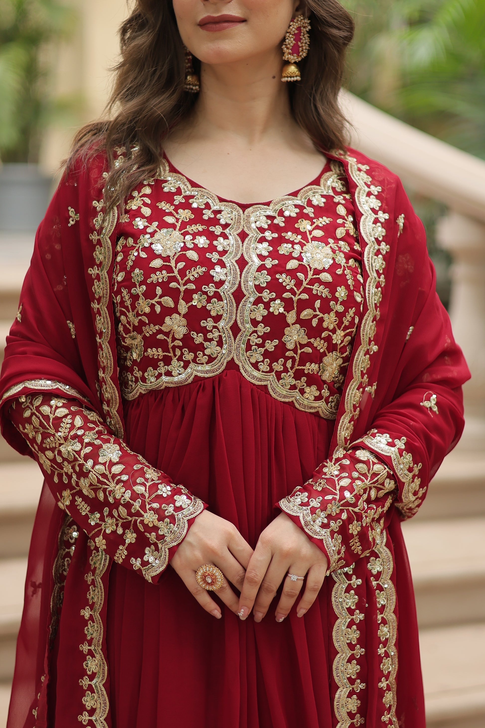 Samridhi maroon Alia cut embroidered Anarkali gown set