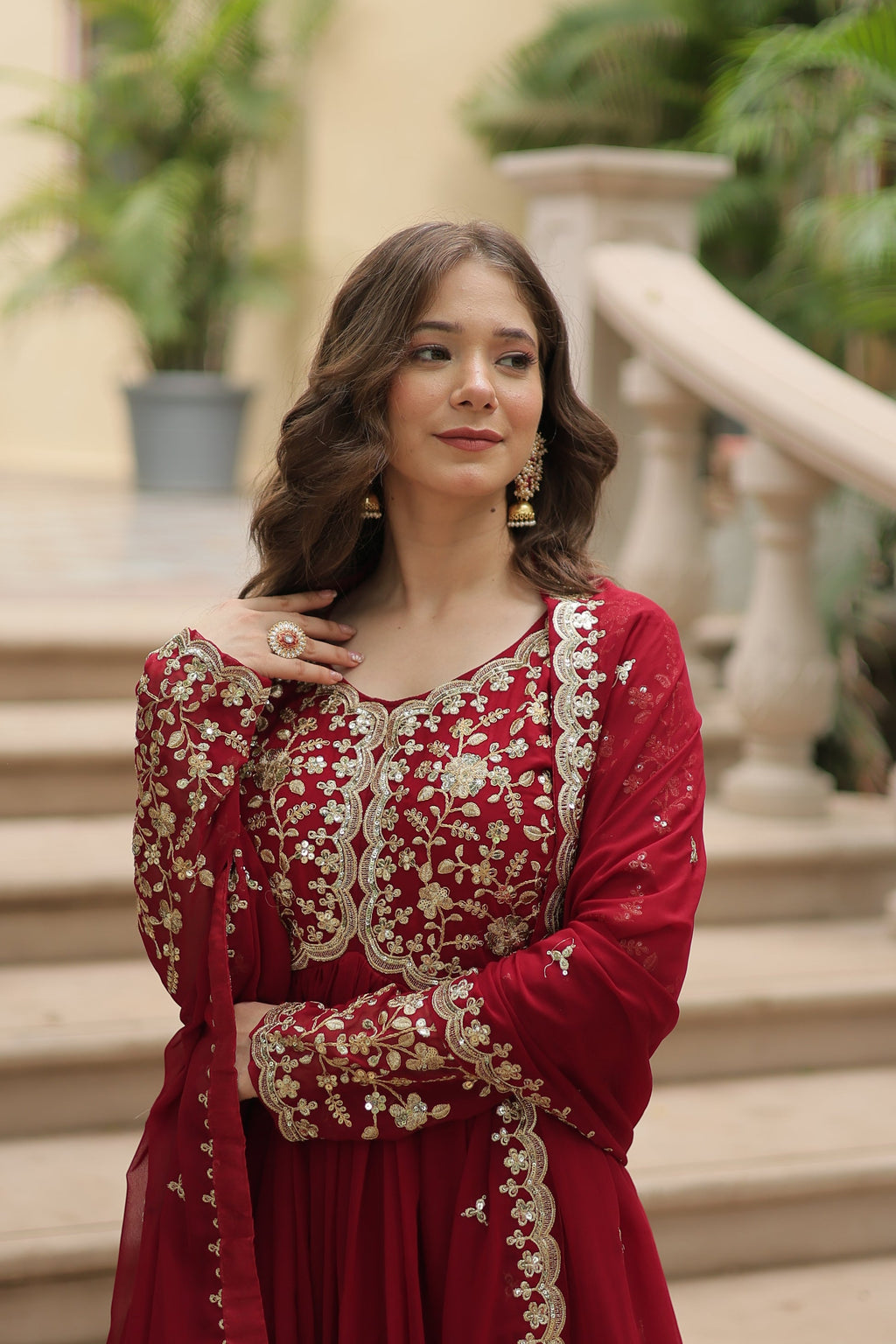 Samridhi maroon Alia cut embroidered Anarkali gown set