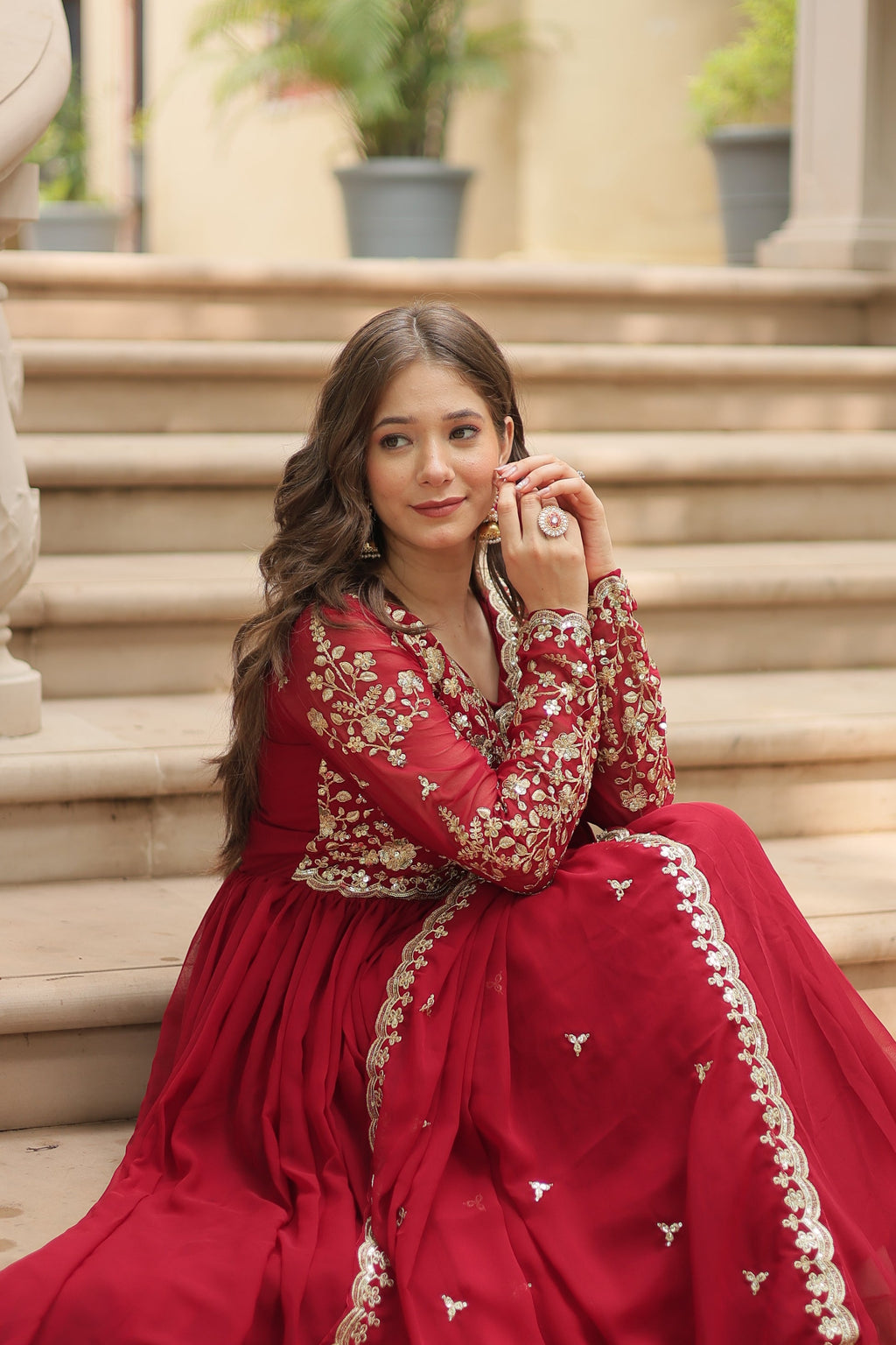 Samridhi maroon Alia cut embroidered Anarkali gown set