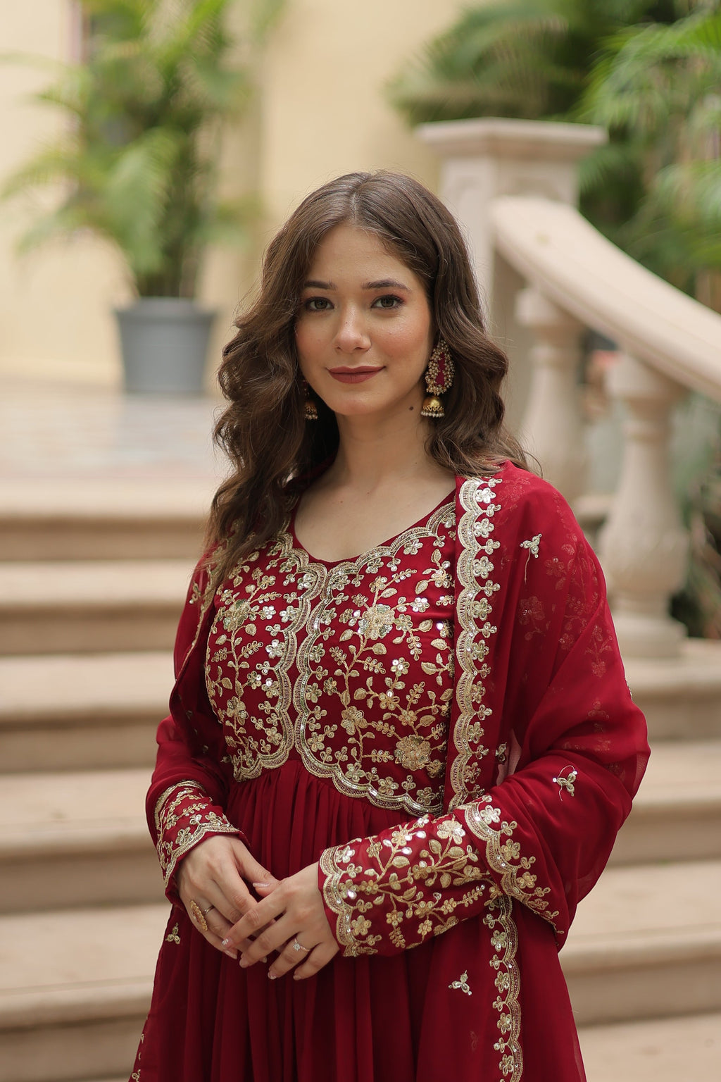 Samridhi maroon Alia cut embroidered Anarkali gown set