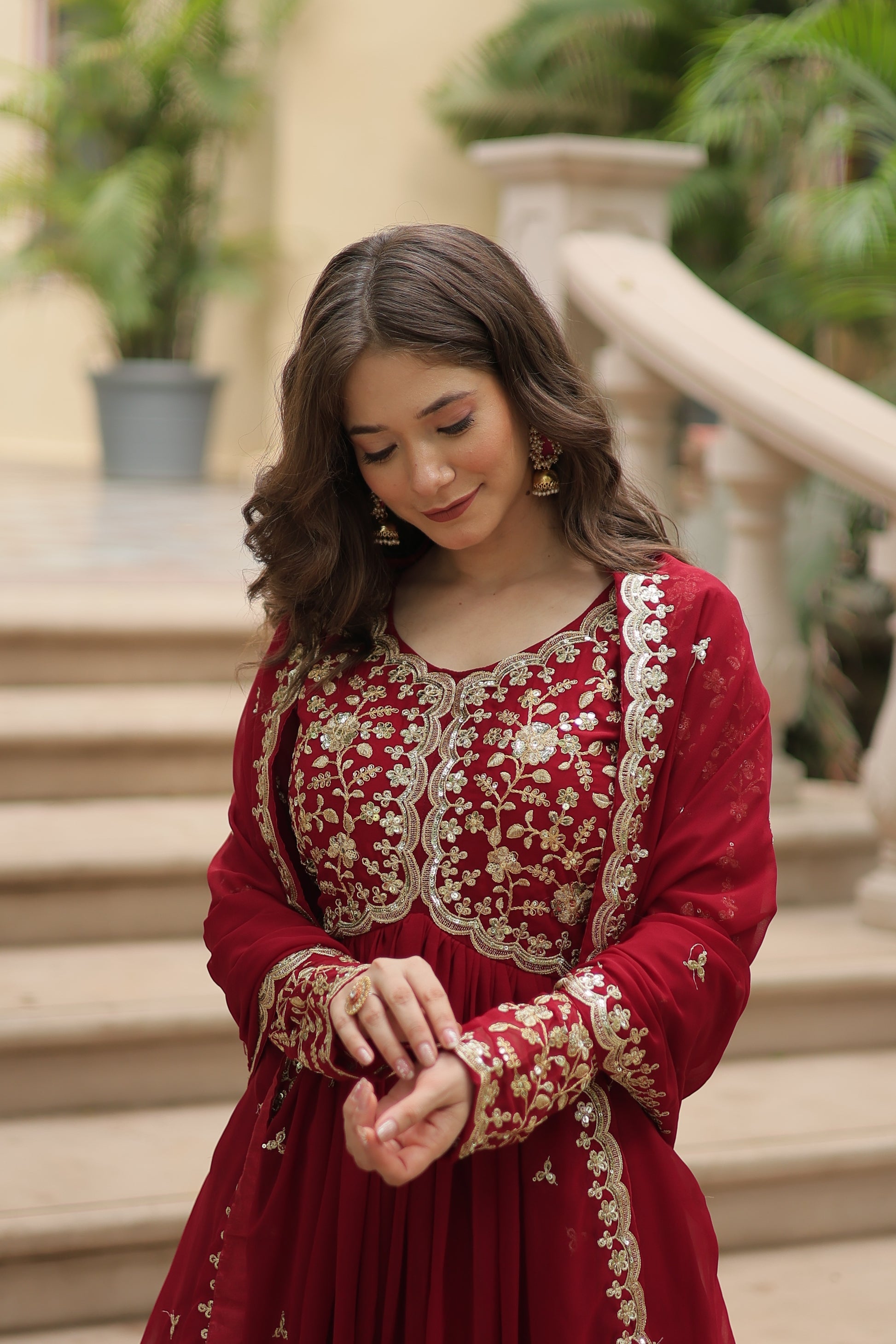 Samridhi maroon Alia cut embroidered Anarkali gown set