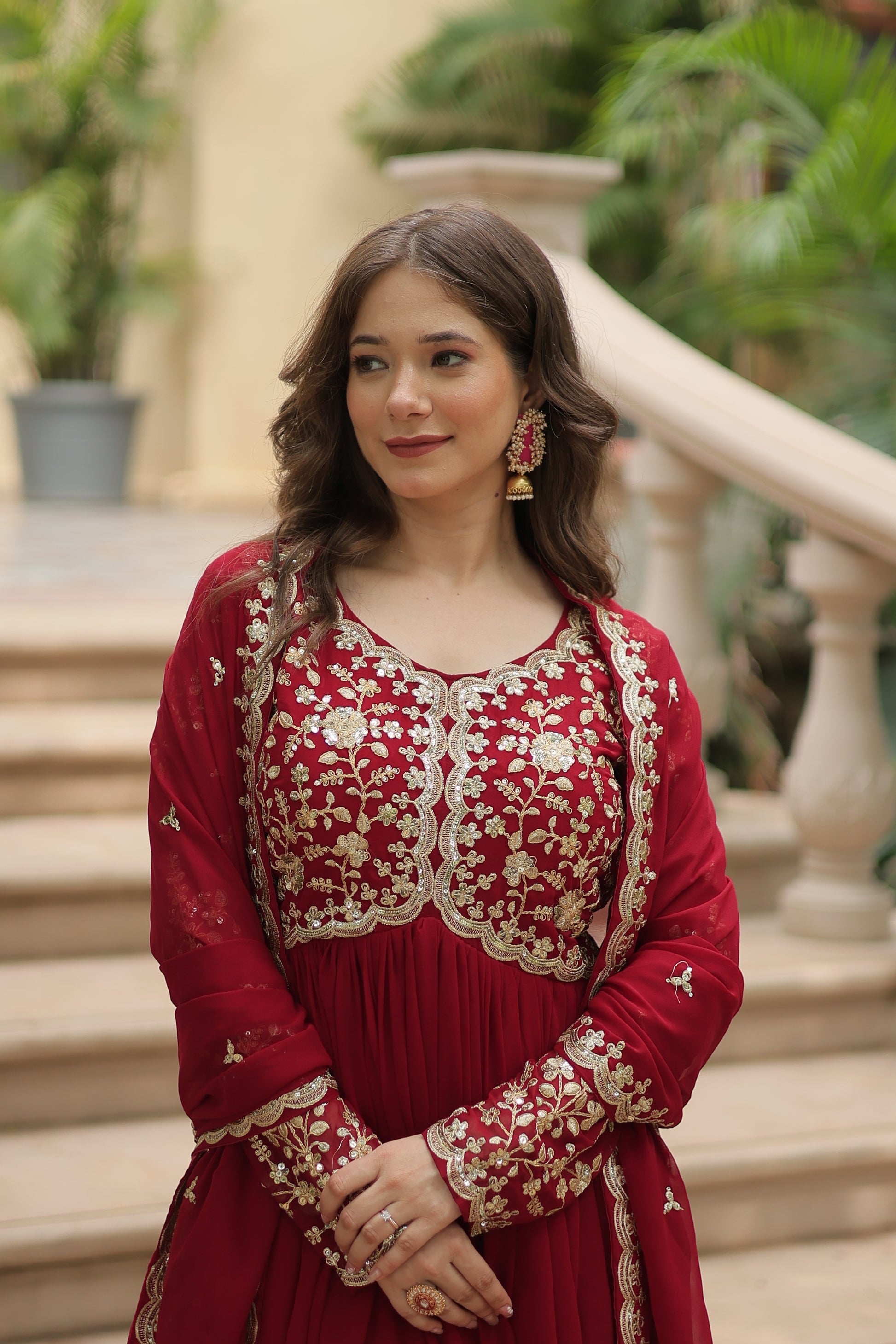 Samridhi maroon Alia cut embroidered Anarkali gown set