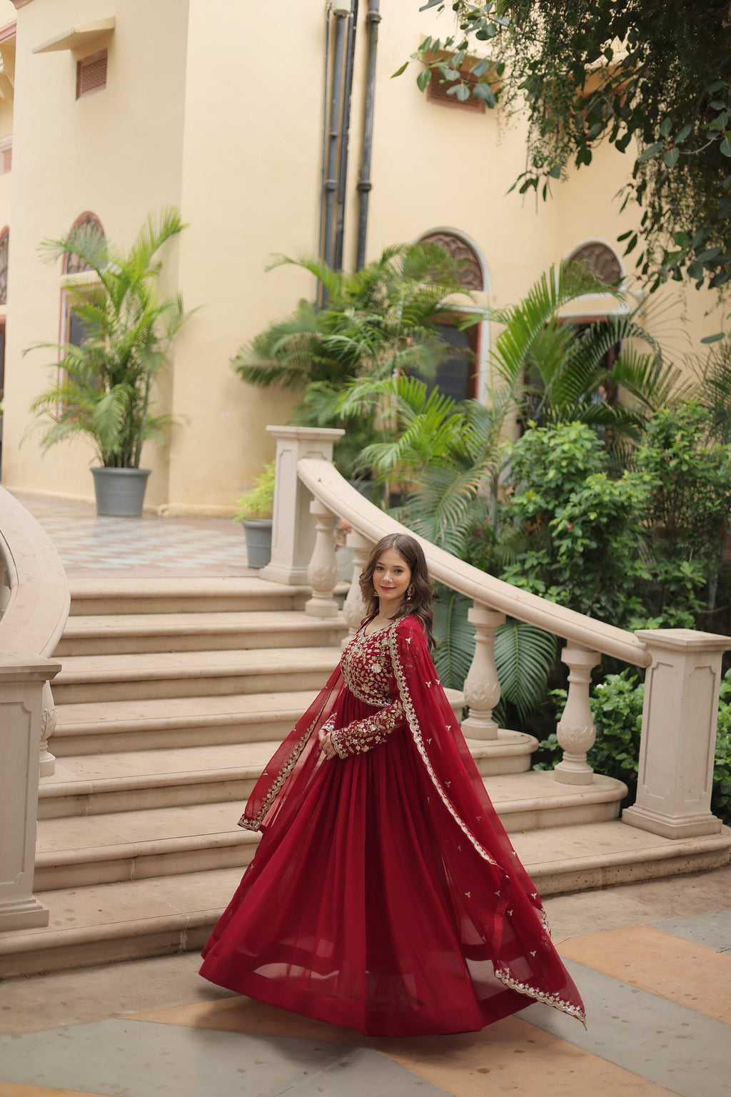 Samridhi maroon Alia cut embroidered Anarkali gown set