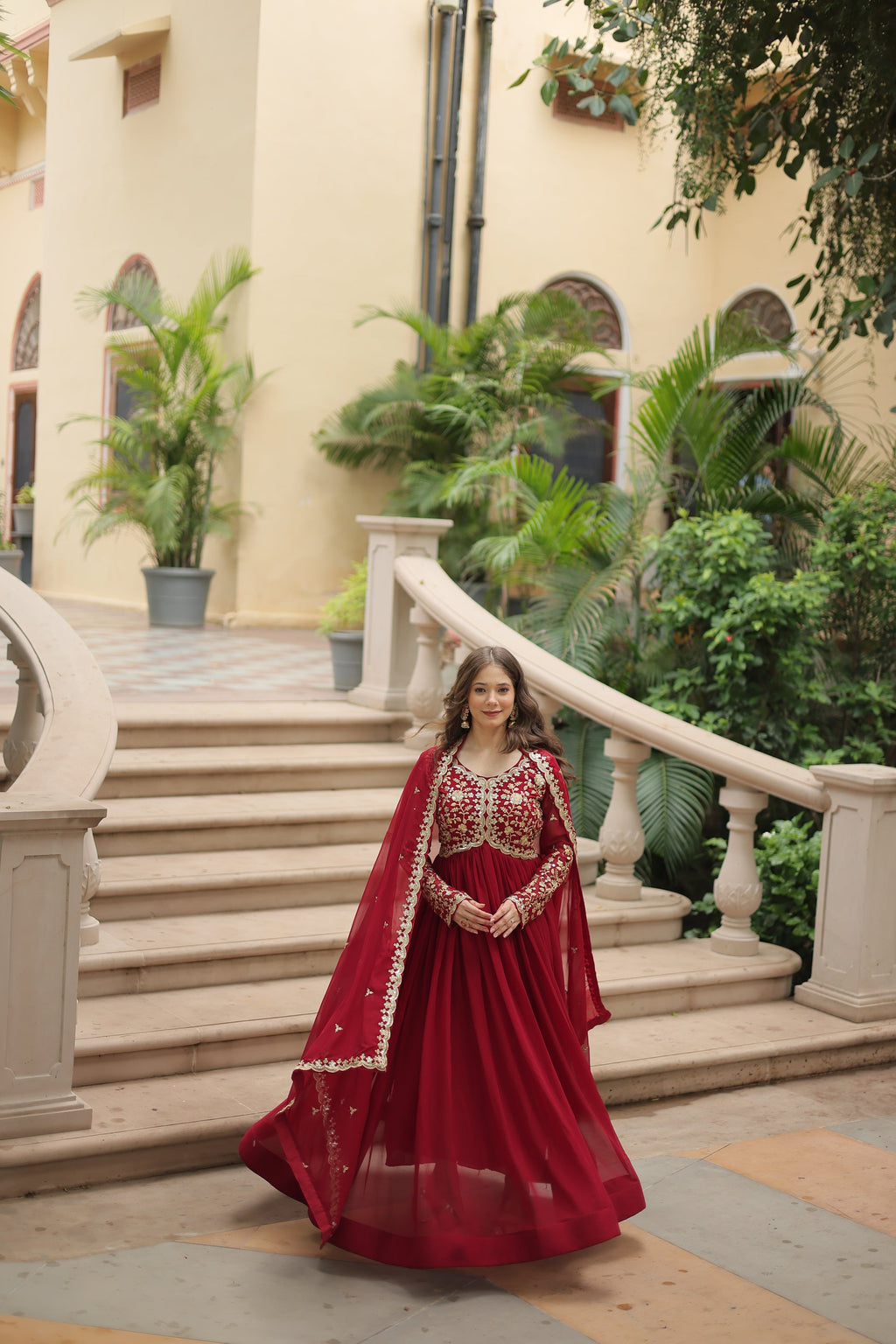 Samridhi maroon Alia cut embroidered Anarkali gown set