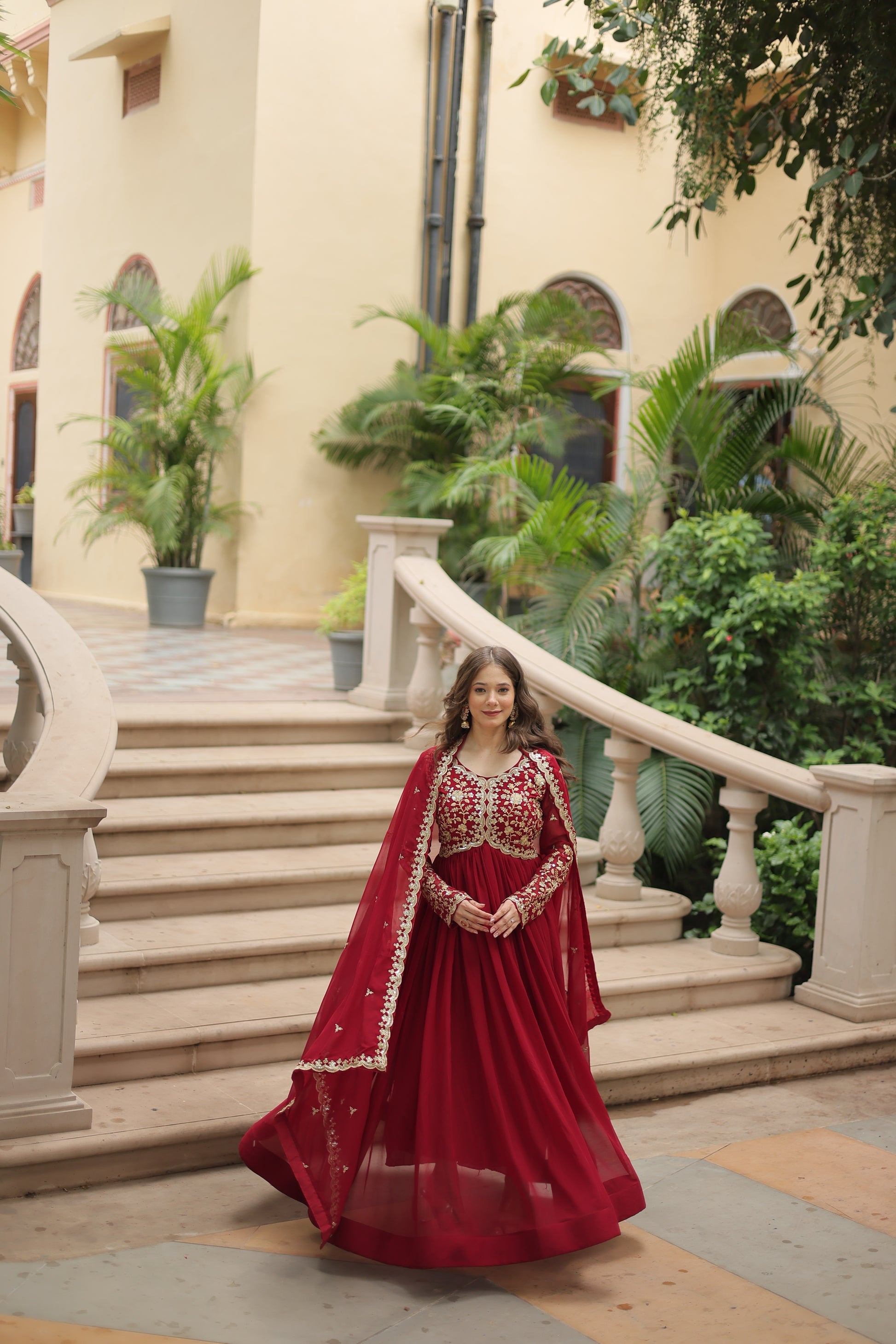 Samridhi maroon Alia cut embroidered Anarkali gown set