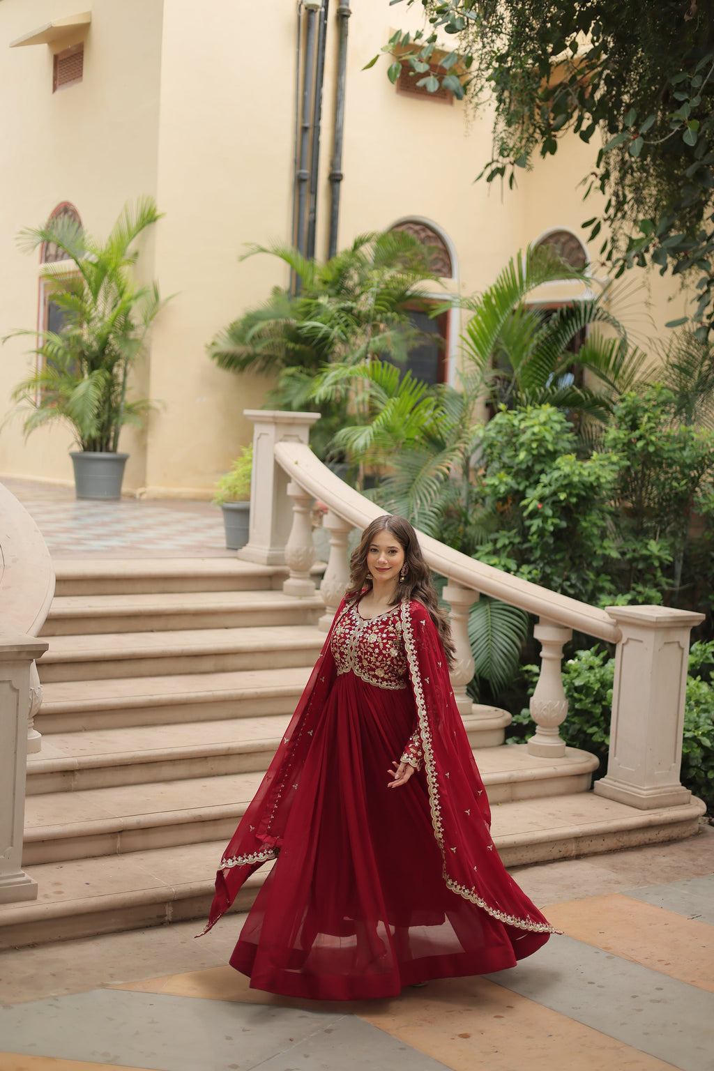 Samridhi maroon Alia cut embroidered Anarkali gown set