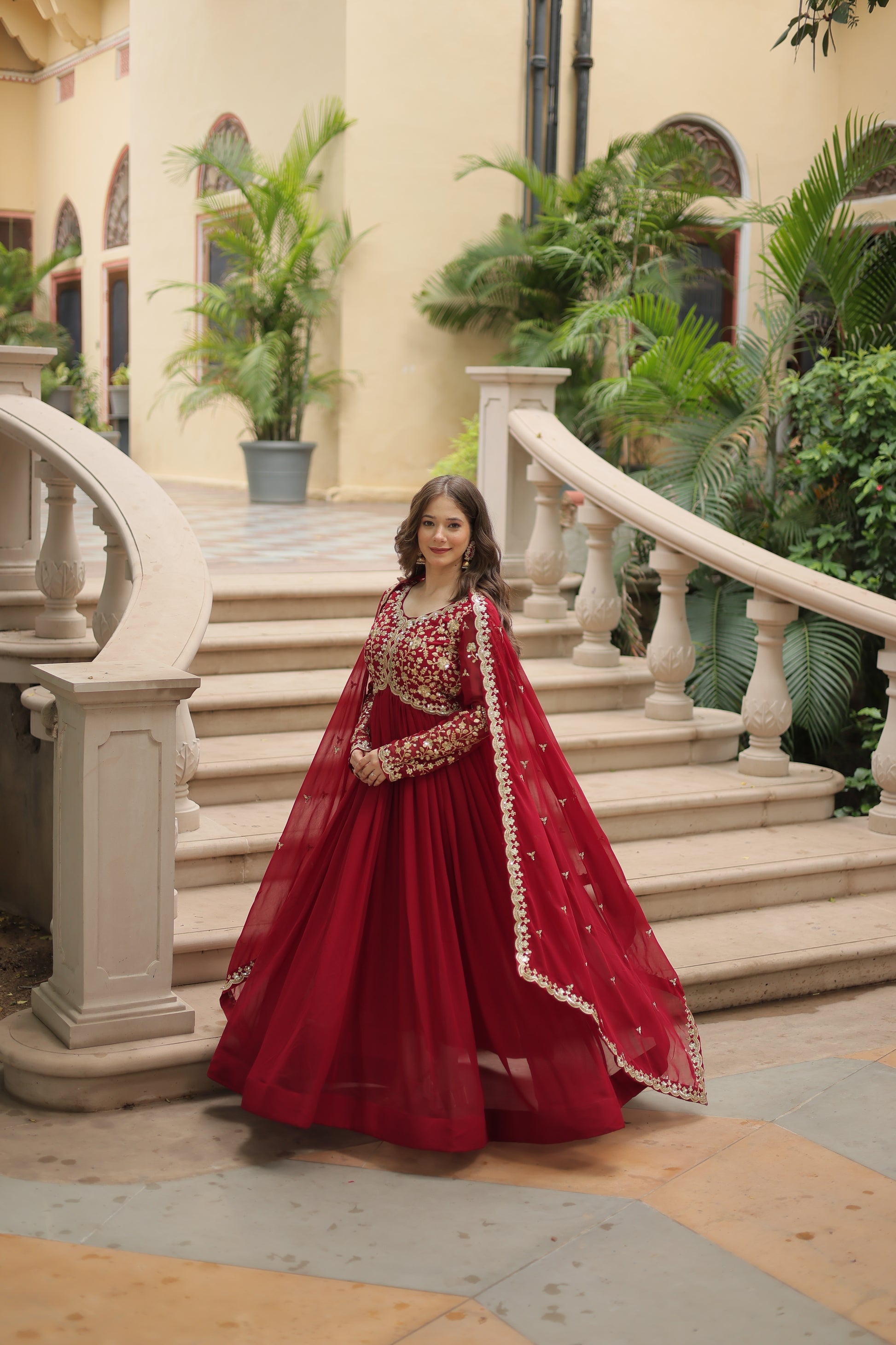 Samridhi maroon Alia cut embroidered Anarkali gown set