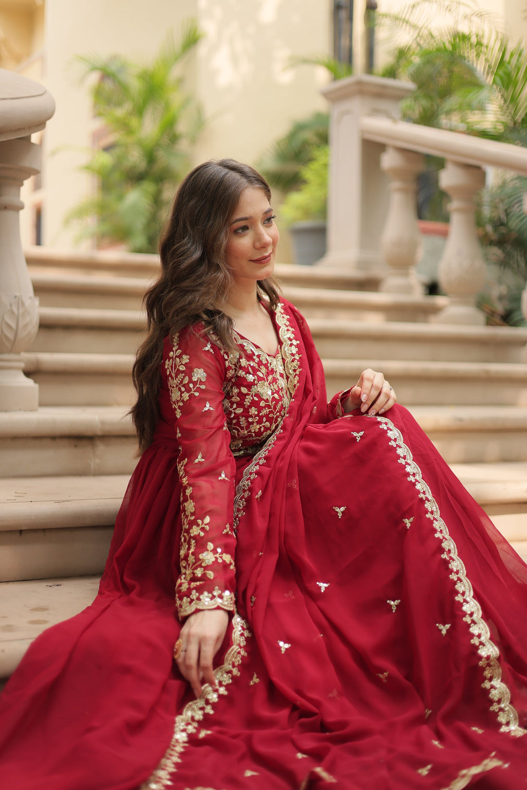 Samridhi maroon Alia cut embroidered Anarkali gown set