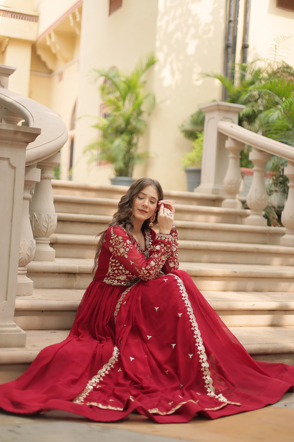Samridhi maroon Alia cut embroidered Anarkali gown set