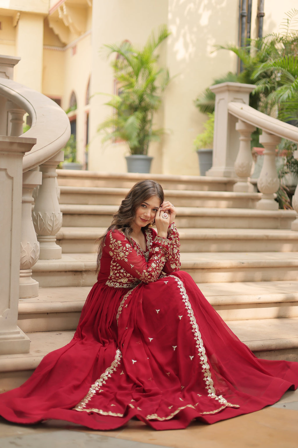 Samridhi maroon Alia cut embroidered Anarkali gown set