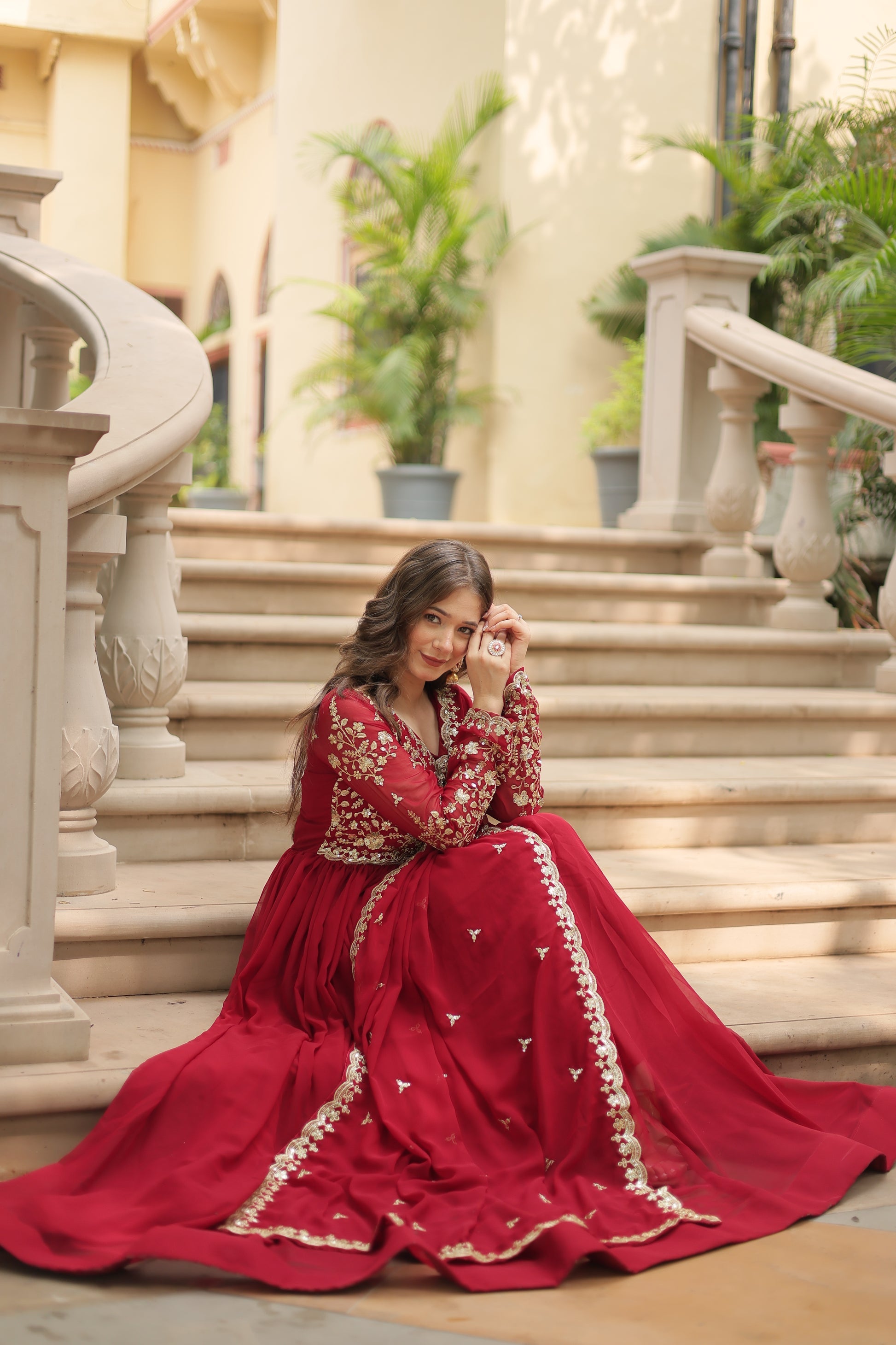 Samridhi maroon Alia cut embroidered Anarkali gown set