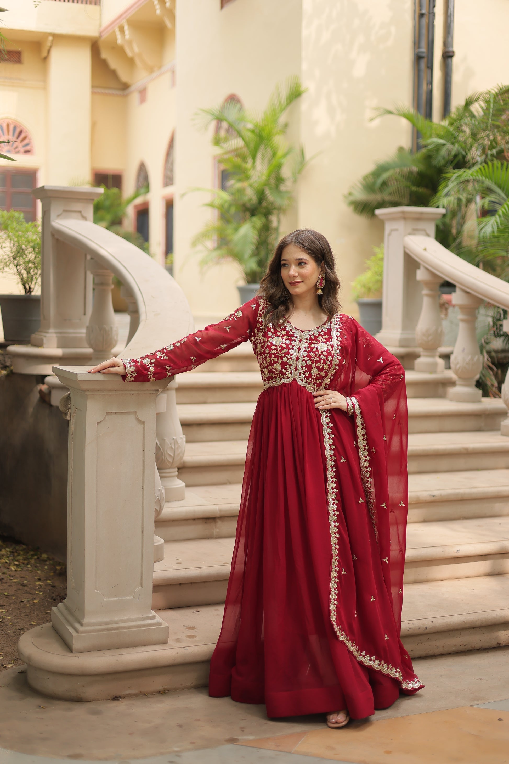 Samridhi maroon Alia cut embroidered Anarkali gown set