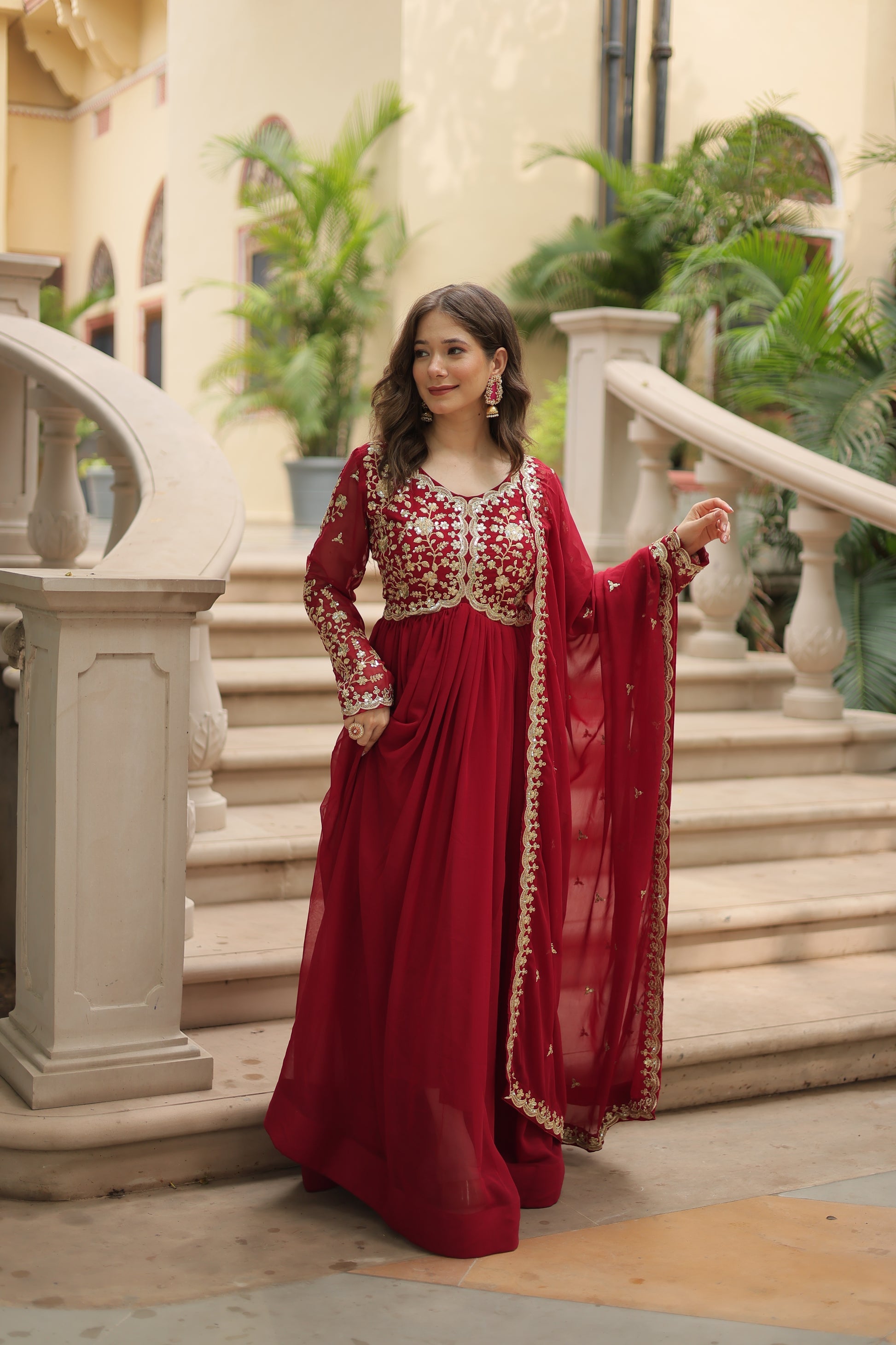 Samridhi maroon Alia cut embroidered Anarkali gown set