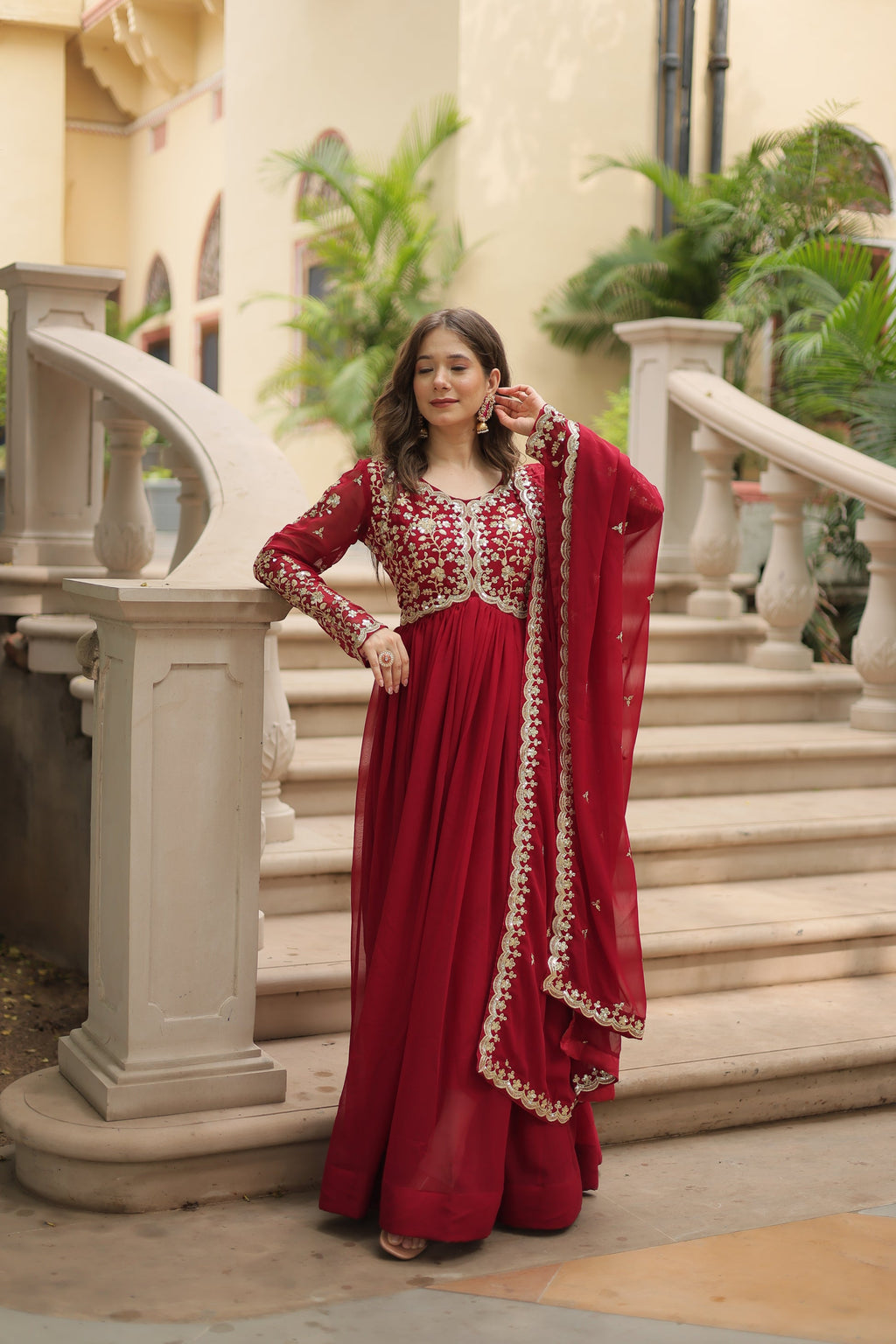 Samridhi maroon Alia cut embroidered Anarkali gown set