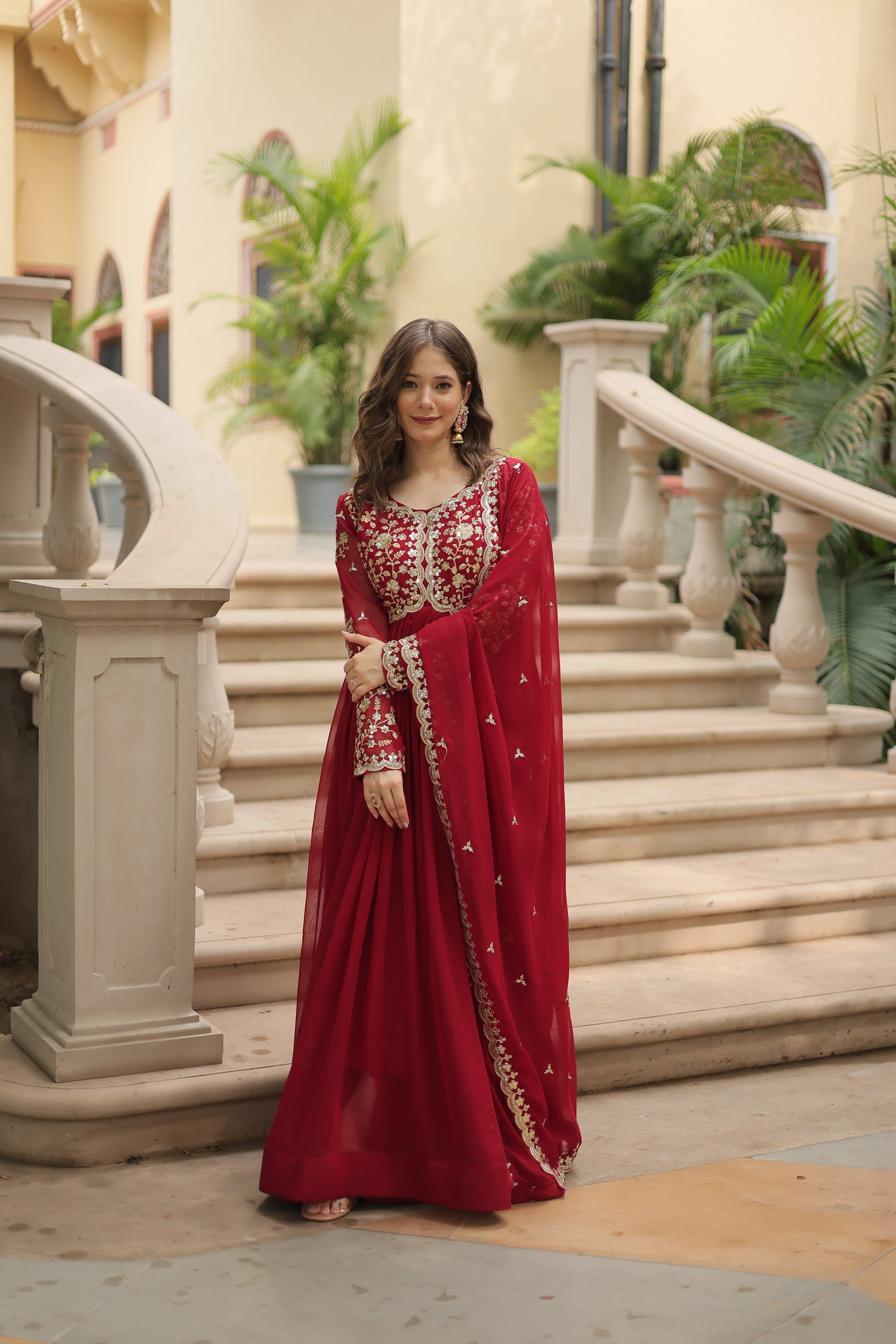 Samridhi maroon Alia cut embroidered Anarkali gown set