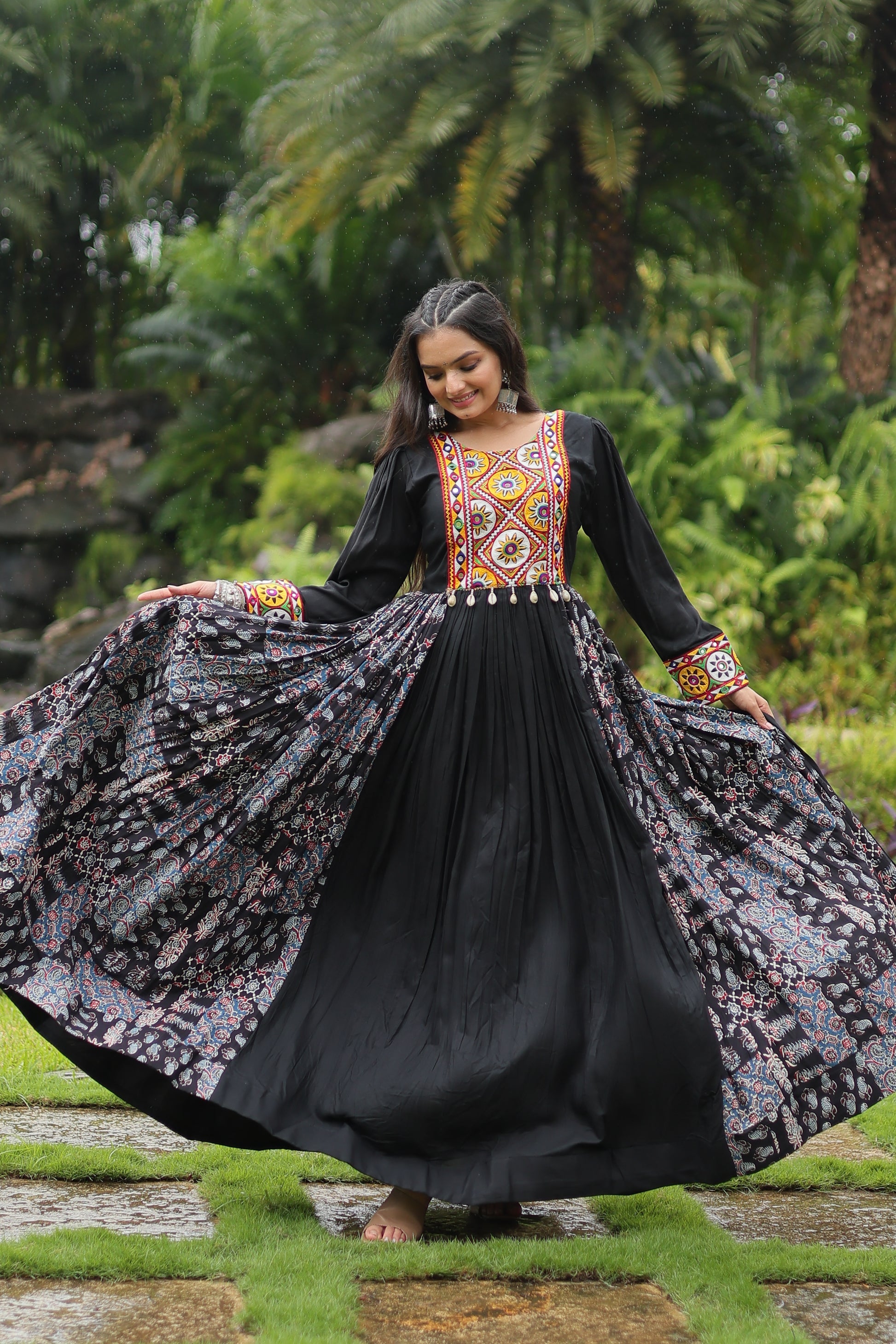Sankita Black Rayon Gamthi Work Navratri Gown
