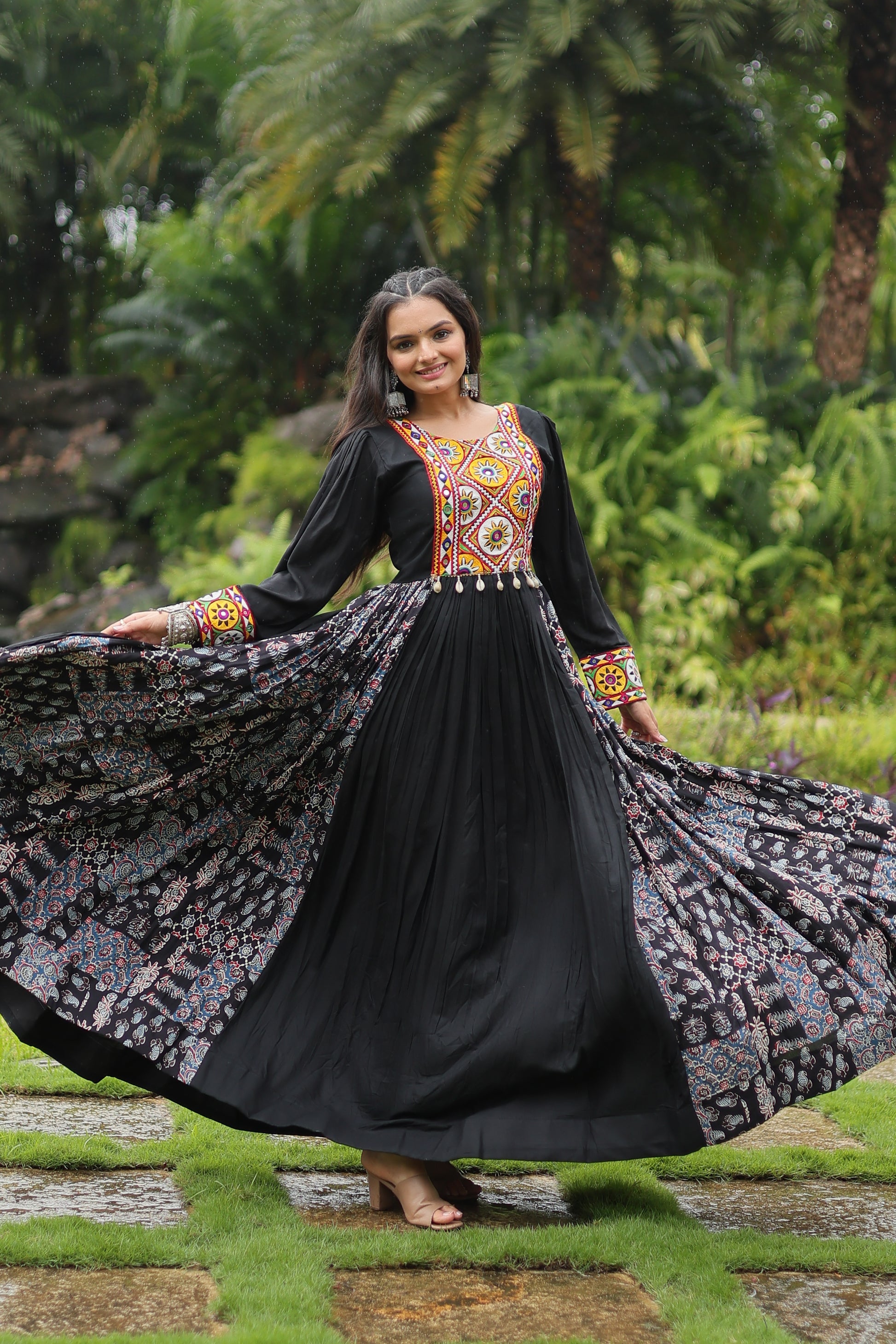 Sankita Black Rayon Gamthi Work Navratri Gown