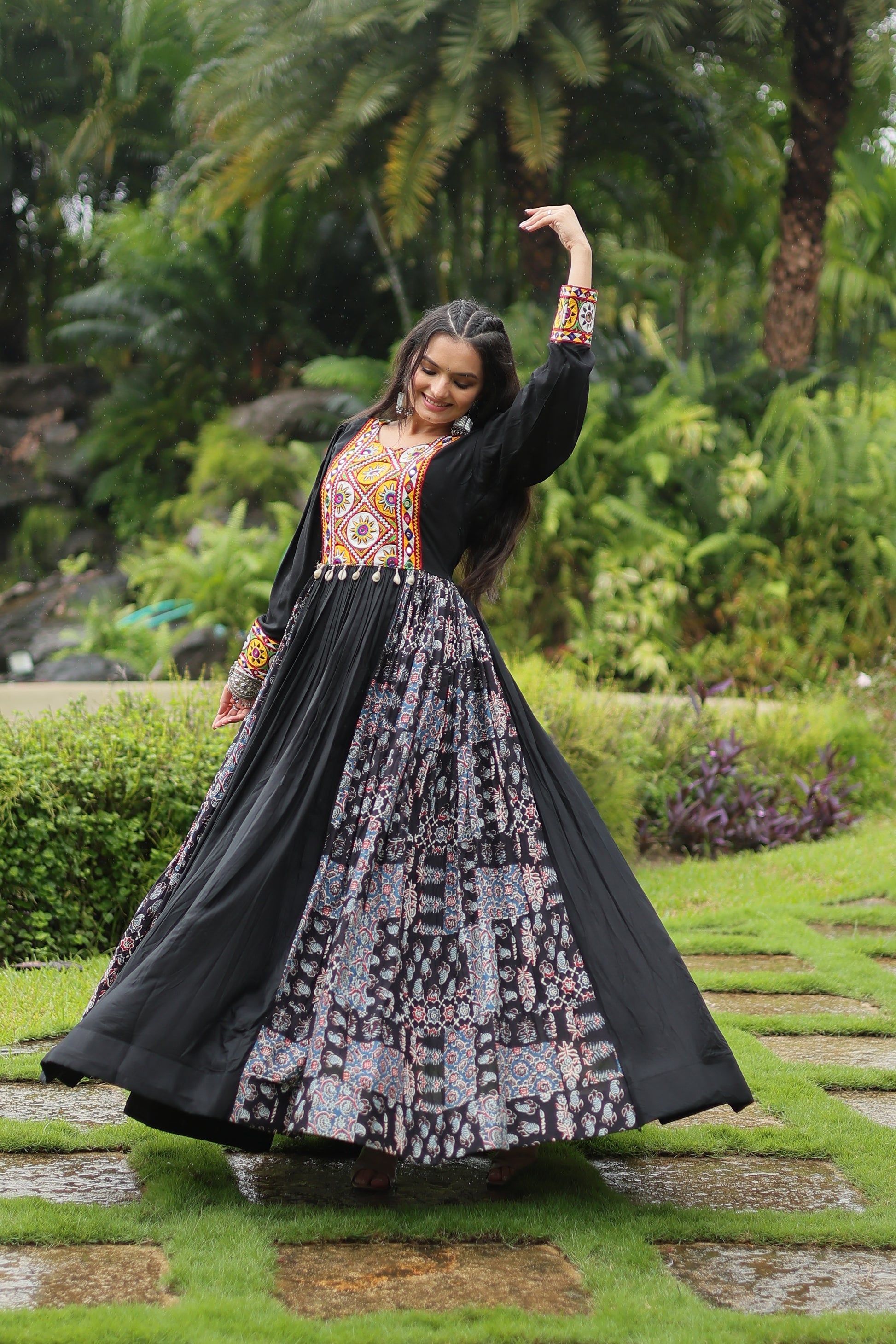 Sankita Black Rayon Gamthi Work Navratri Gown