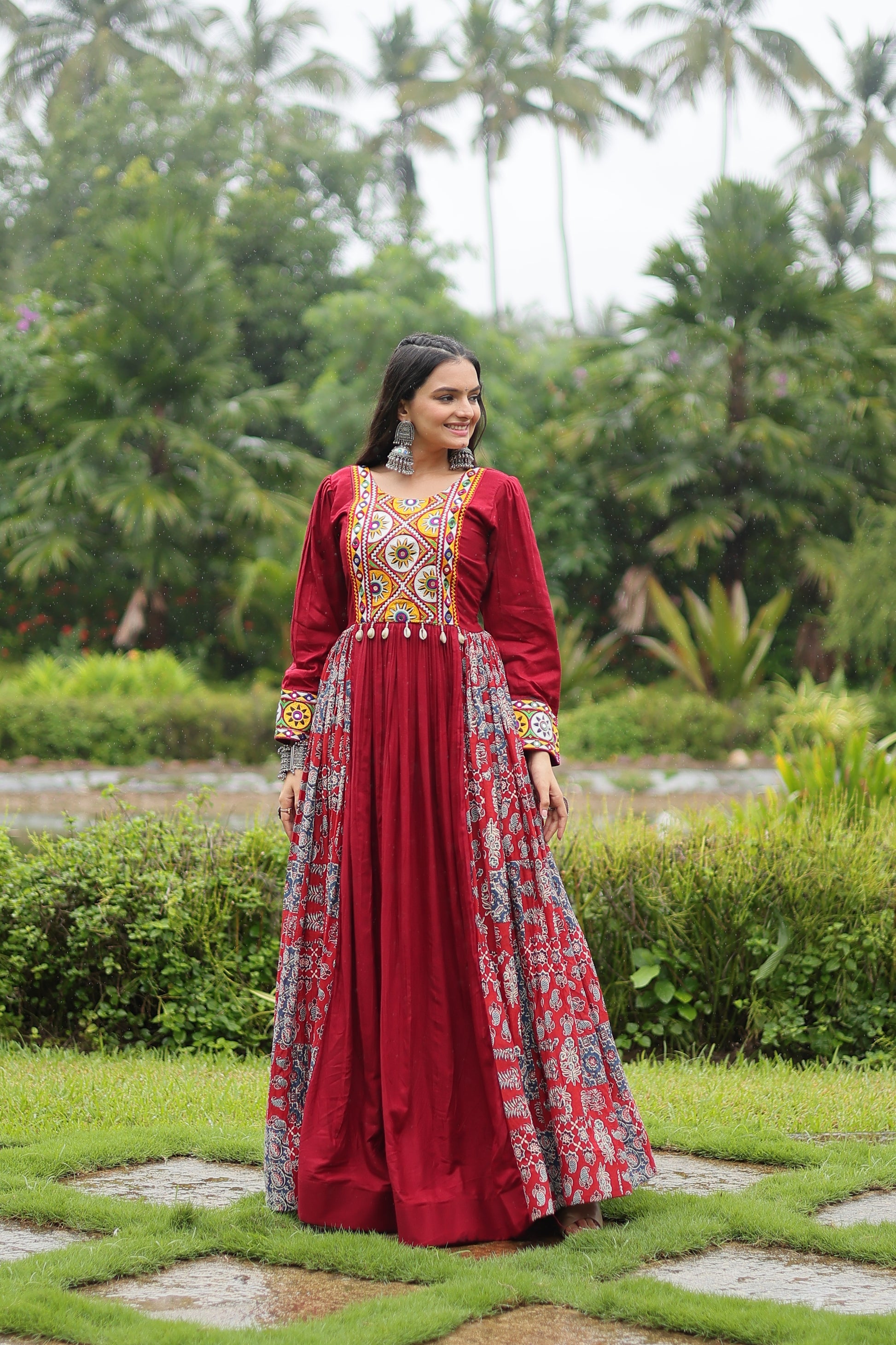 Sankita Maroon Rayon Gamthi Work Navratri Gown