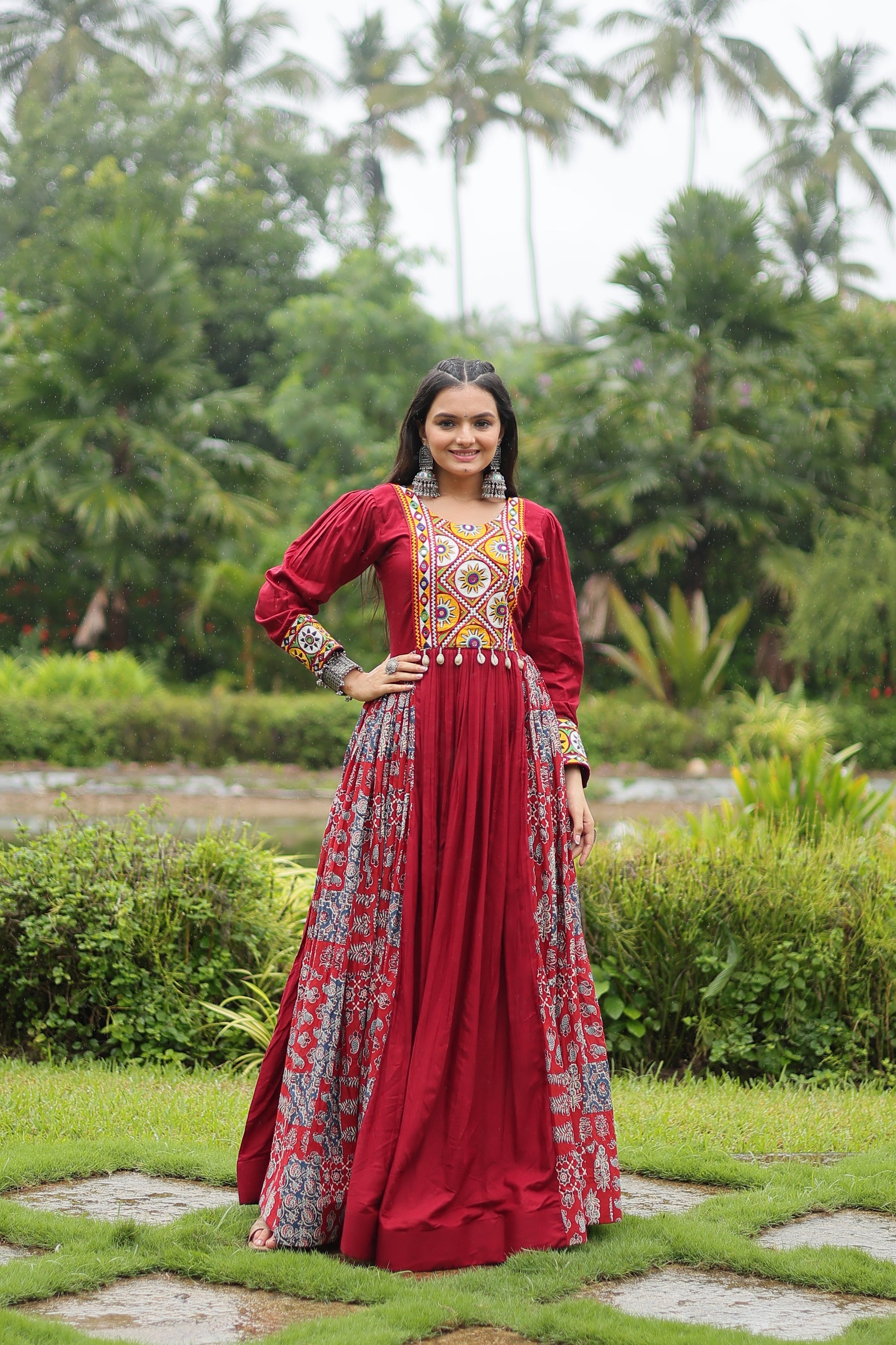 Sankita Maroon Rayon Gamthi Work Navratri Gown