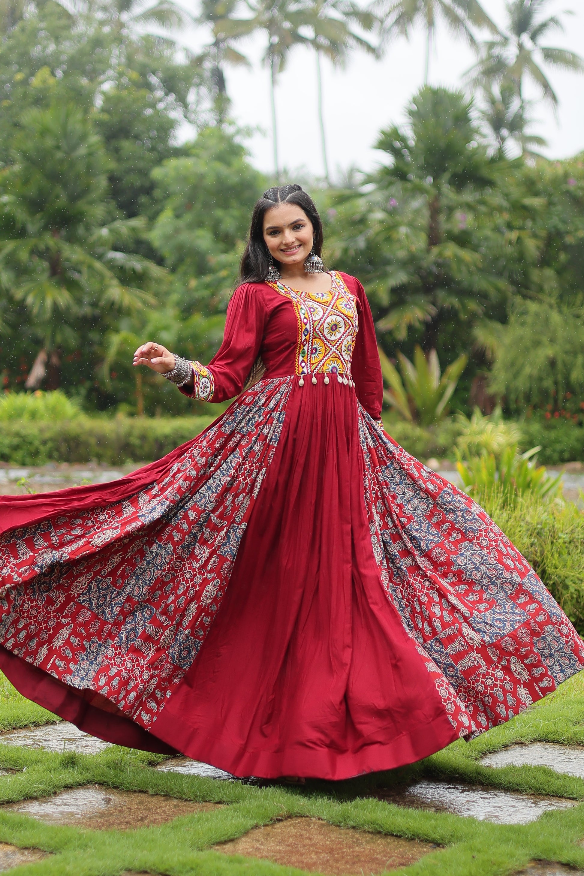 Sankita Maroon Rayon Gamthi Work Navratri Gown