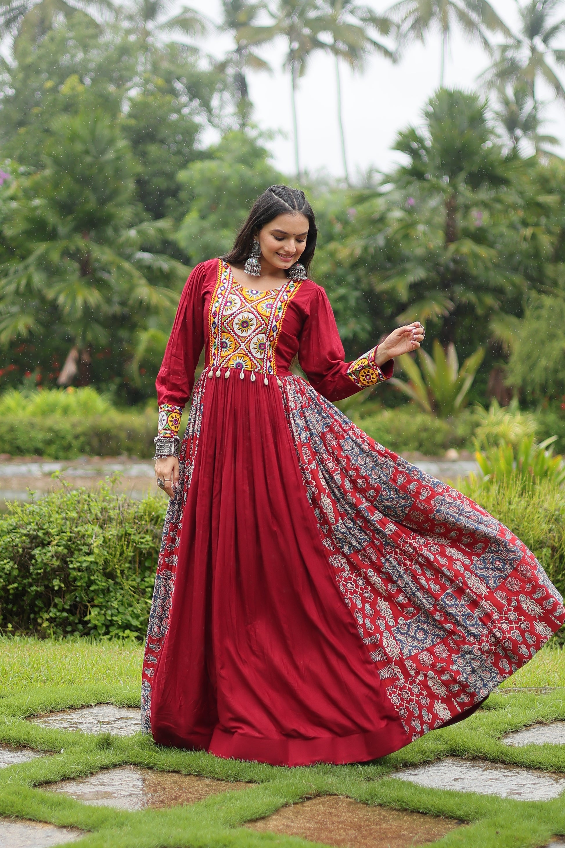 Sankita Maroon Rayon Gamthi Work Navratri Gown