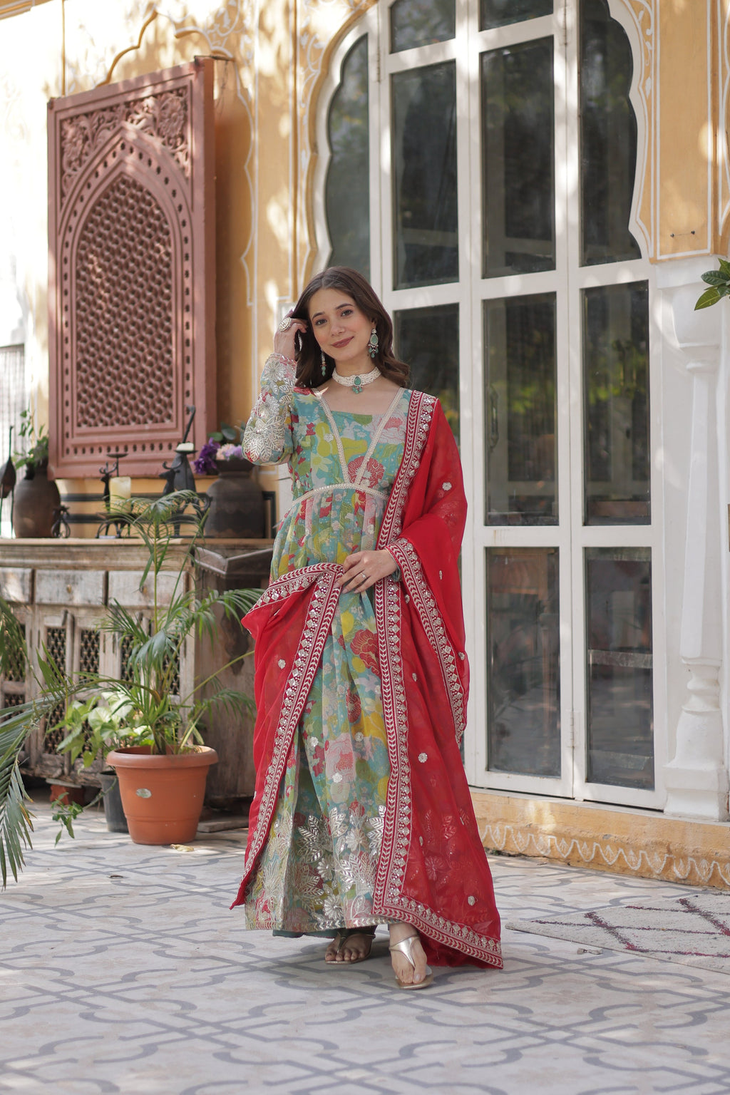 Sarasvini Green Silk Anarkali Gown Set