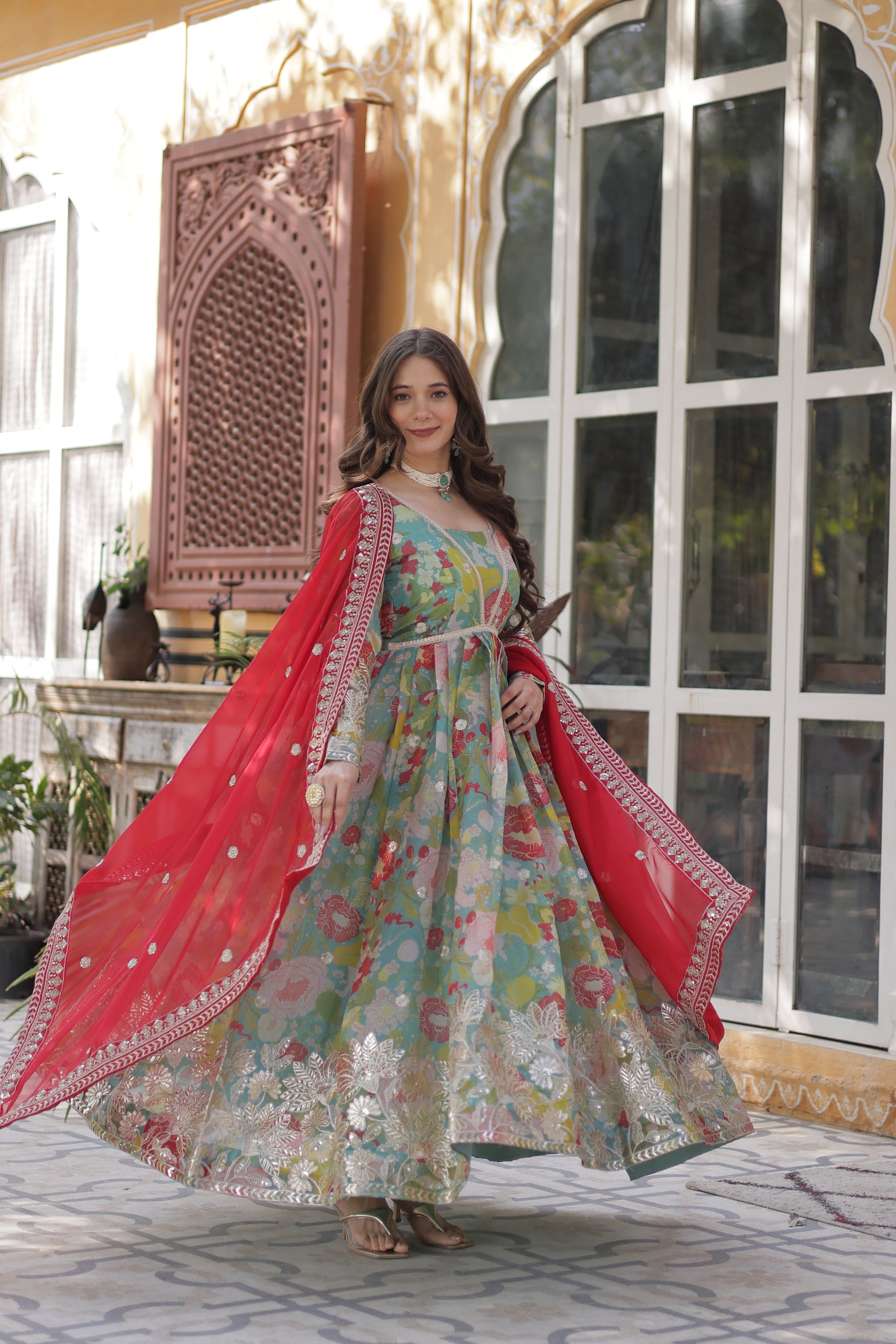 Sarasvini green silk Anarkali gown set for women with digital print, zari and sequin embroidery, full sleeves Alia cut ethnic dress with matching dupatta, Indian festive and wedding wear 2025