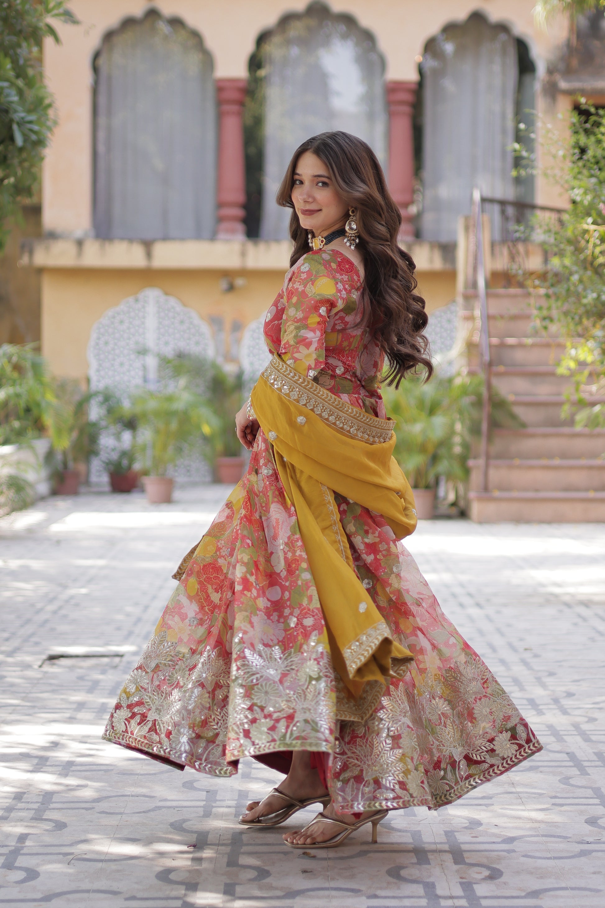 Red silk Anarkali gown set for women with dupatta, digital printed Russian silk gown with zari, sequins, and foil embroidery, full sleeve Alia cut gown, traditional Indian wedding guest dress, festive party wear Anarkali gown with lace bordered dupatta, premium stitched ethnic gown for Diwali, Eid, and engagement, modern ethnic fashion for women 2025.