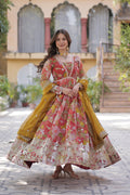 Red silk Anarkali gown set for women with dupatta, digital printed Russian silk gown with zari, sequins, and foil embroidery, full sleeve Alia cut gown, traditional Indian wedding guest dress, festive party wear Anarkali gown with lace bordered dupatta, premium stitched ethnic gown for Diwali, Eid, and engagement, modern ethnic fashion for women 2025.