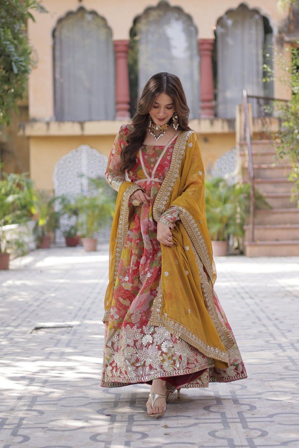 Red silk Anarkali gown set for women with dupatta, digital printed Russian silk gown with zari, sequins, and foil embroidery, full sleeve Alia cut gown, traditional Indian wedding guest dress, festive party wear Anarkali gown with lace bordered dupatta, premium stitched ethnic gown for Diwali, Eid, and engagement, modern ethnic fashion for women 2025.