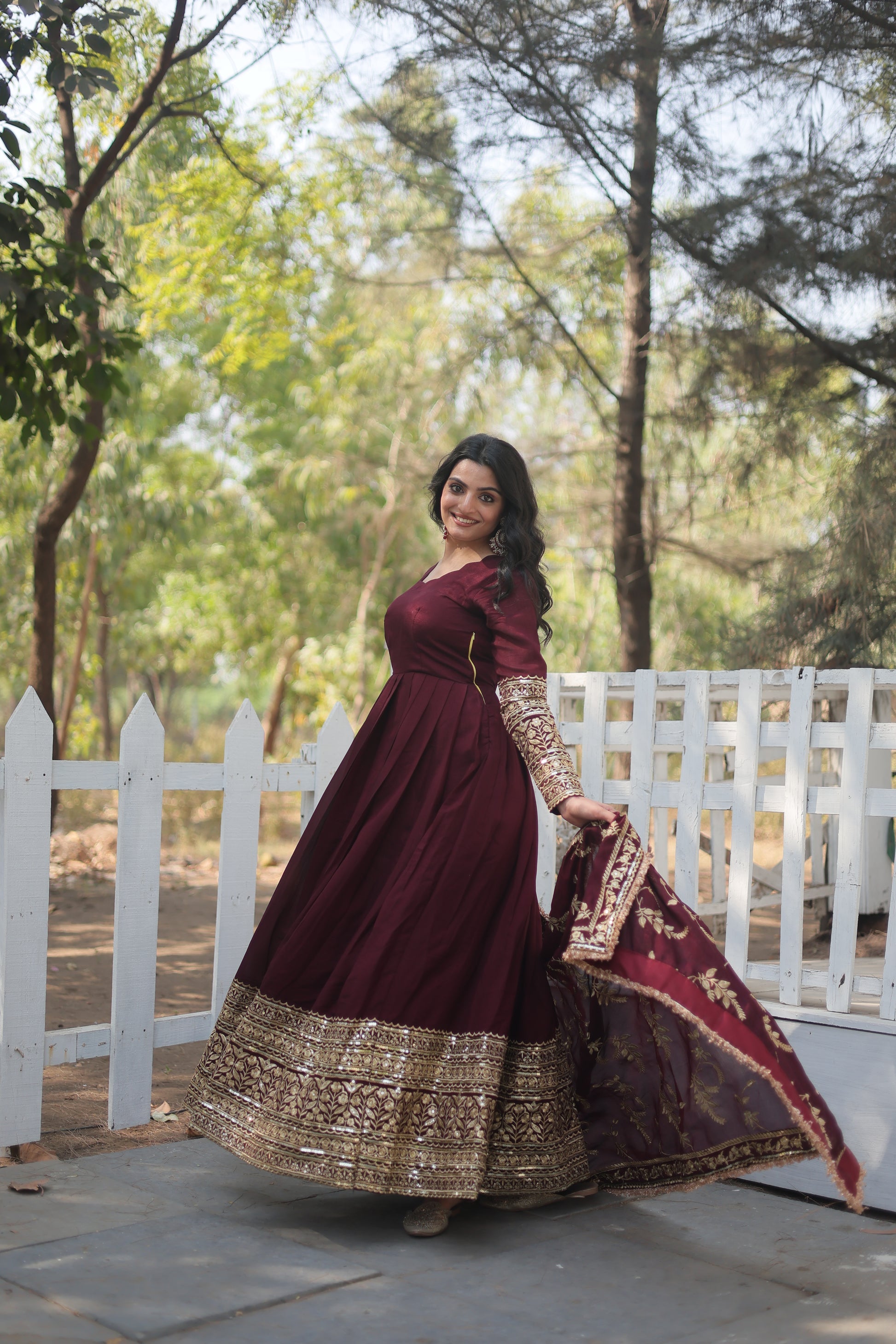 Maroon embroidered Savi designer flared Anarkali gown