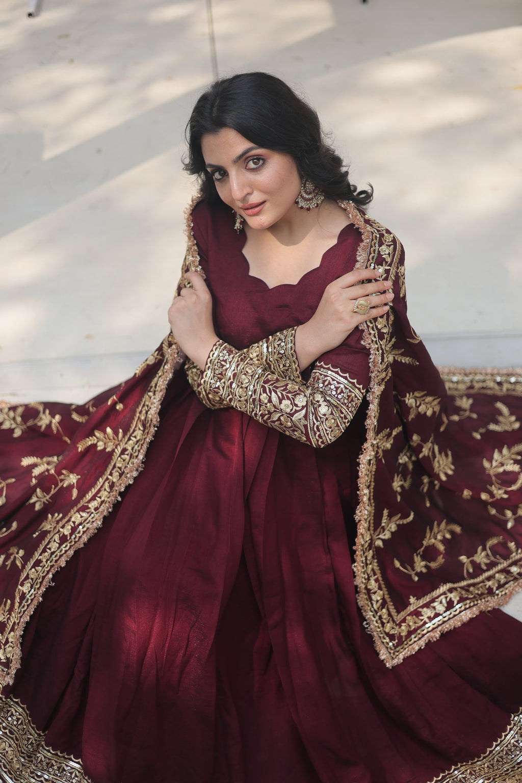 Maroon embroidered Savi designer flared Anarkali gown