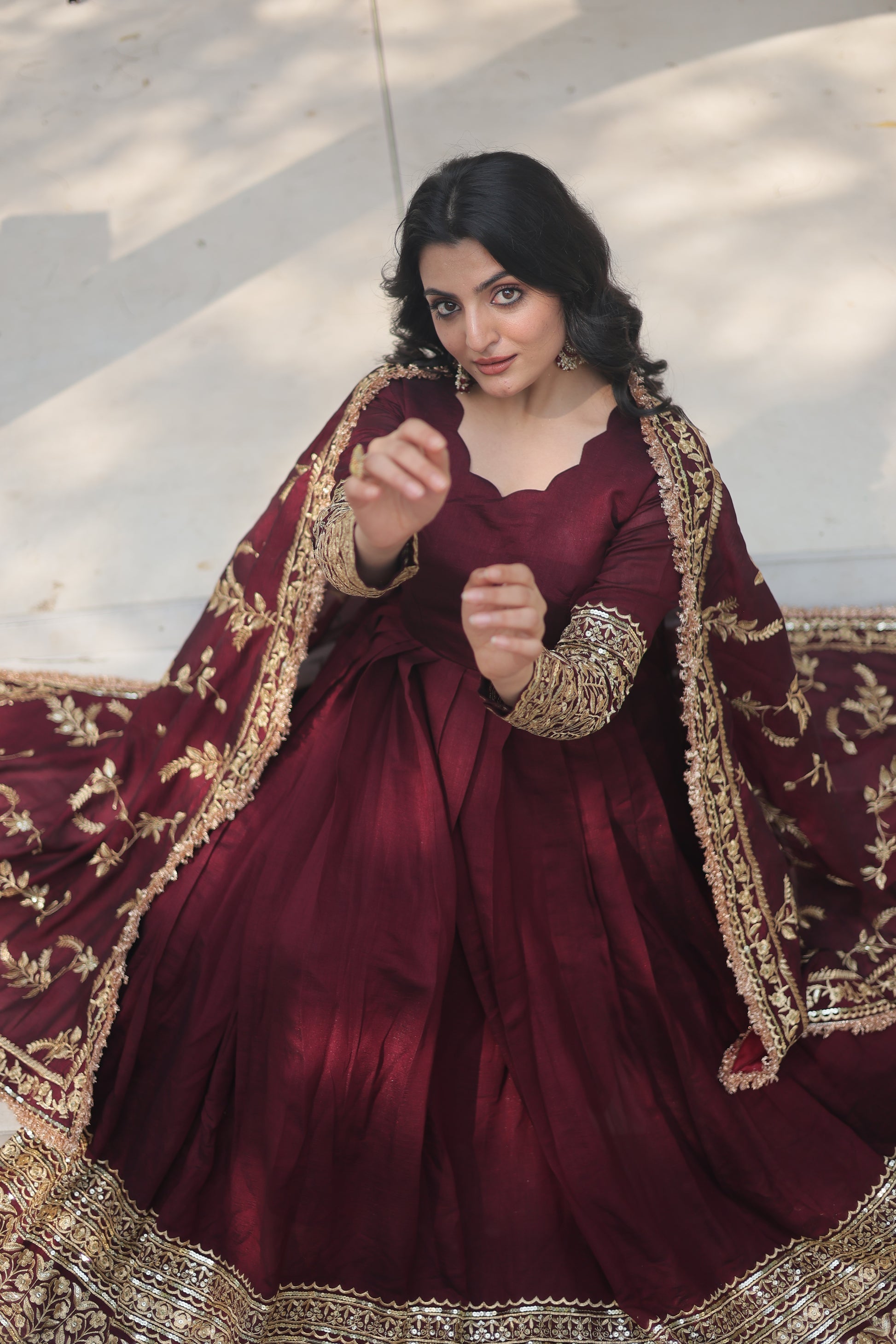Maroon embroidered Savi designer flared Anarkali gown