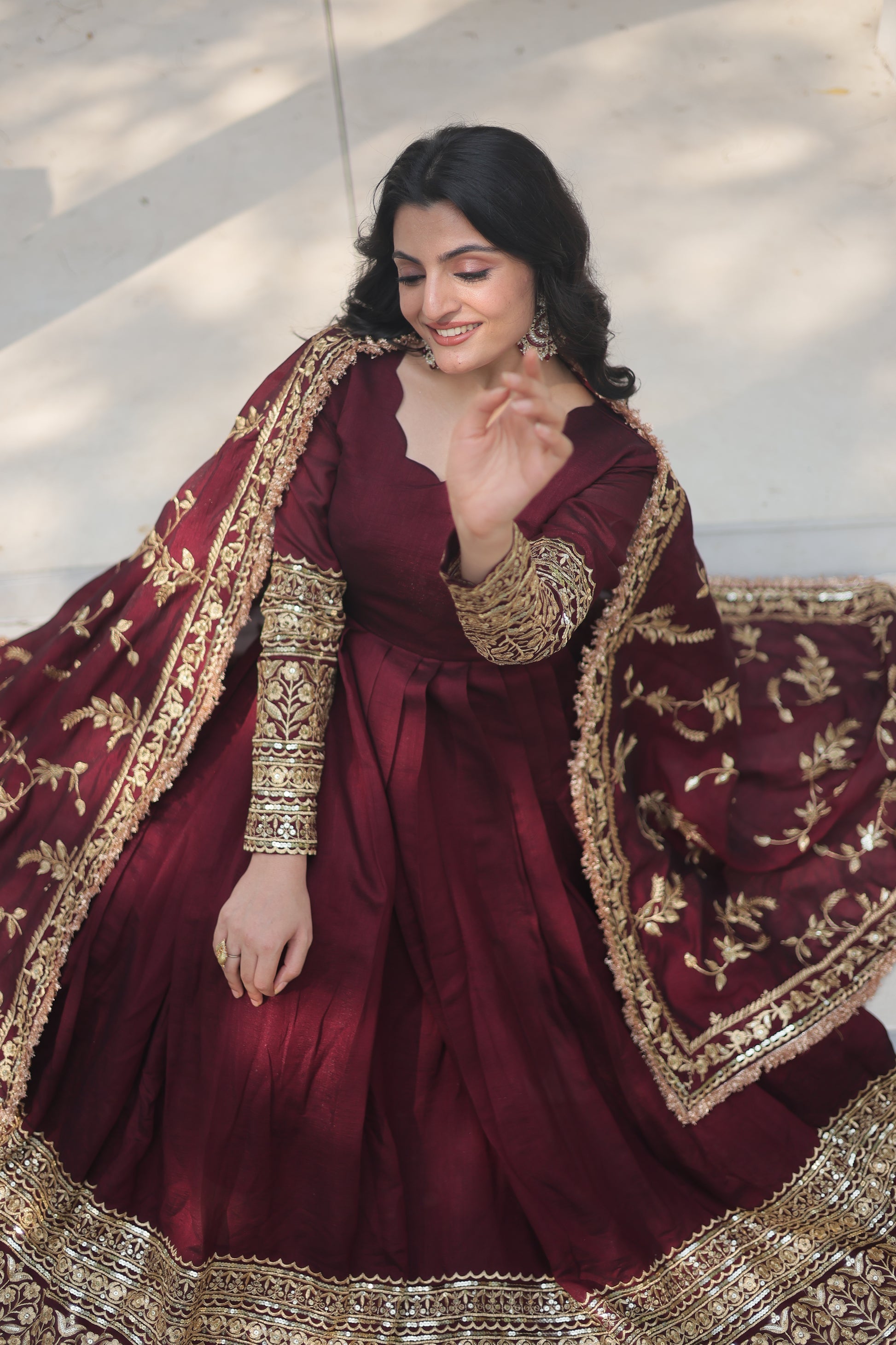 Maroon embroidered Savi designer flared Anarkali gown